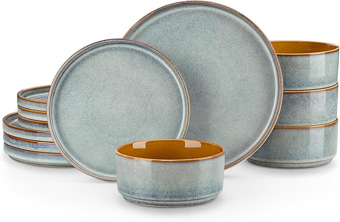 vancasso ONION Ceramic Plates and Bowls Sets, 12 Pieces Light Blue Dinnerware Sets for Kitchen, Reactive Glaze Dishes Set for 4, Dishwasher and Microwave Safe