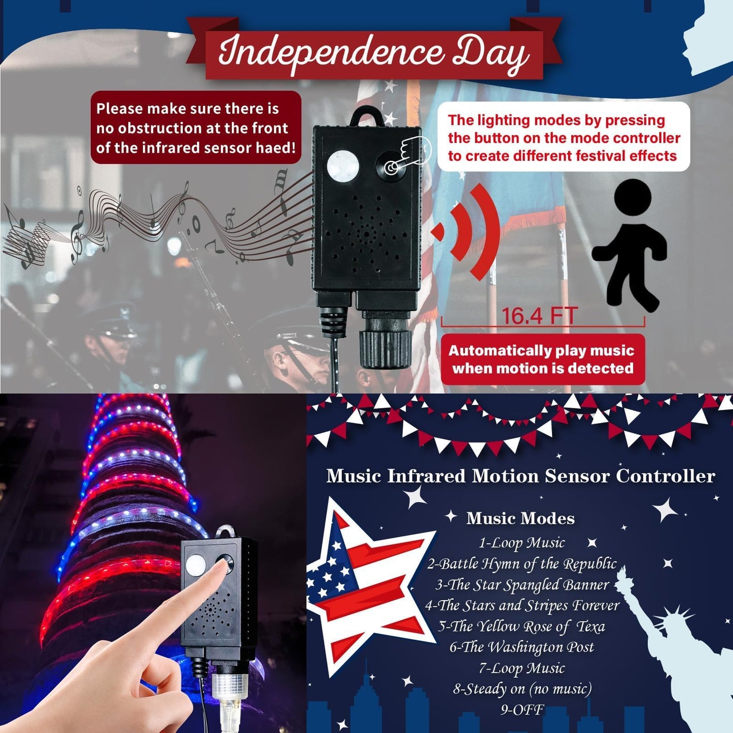 Kenburg 4th of July Red White and Blue Rope Lights with Patriotic Music, 50ft 600 LED 8 Modes Fourth of July Decorations Plug in Timer Tree Lights Outdoor for Independence Day Memorial Day