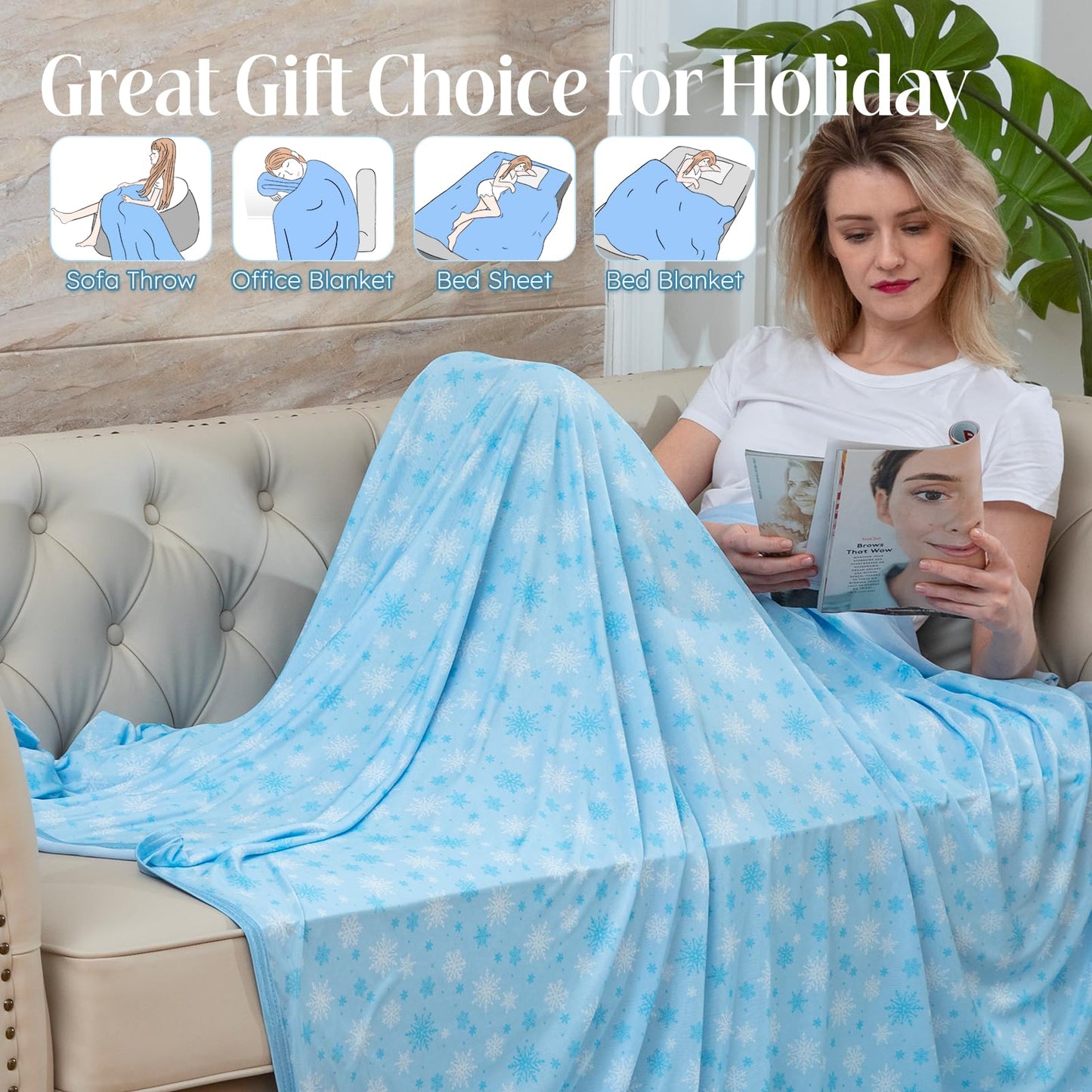 OIGAE Cooling Blanket for Hot Sleepers – Thin Summer Cooling Blanket Throw Size, Q-Max >0.5 Lightweight Cooling Throw Blanket for Bed, Couch, or Sofa – Snowflake Cool Blankets, (Blue, 50" x 70")