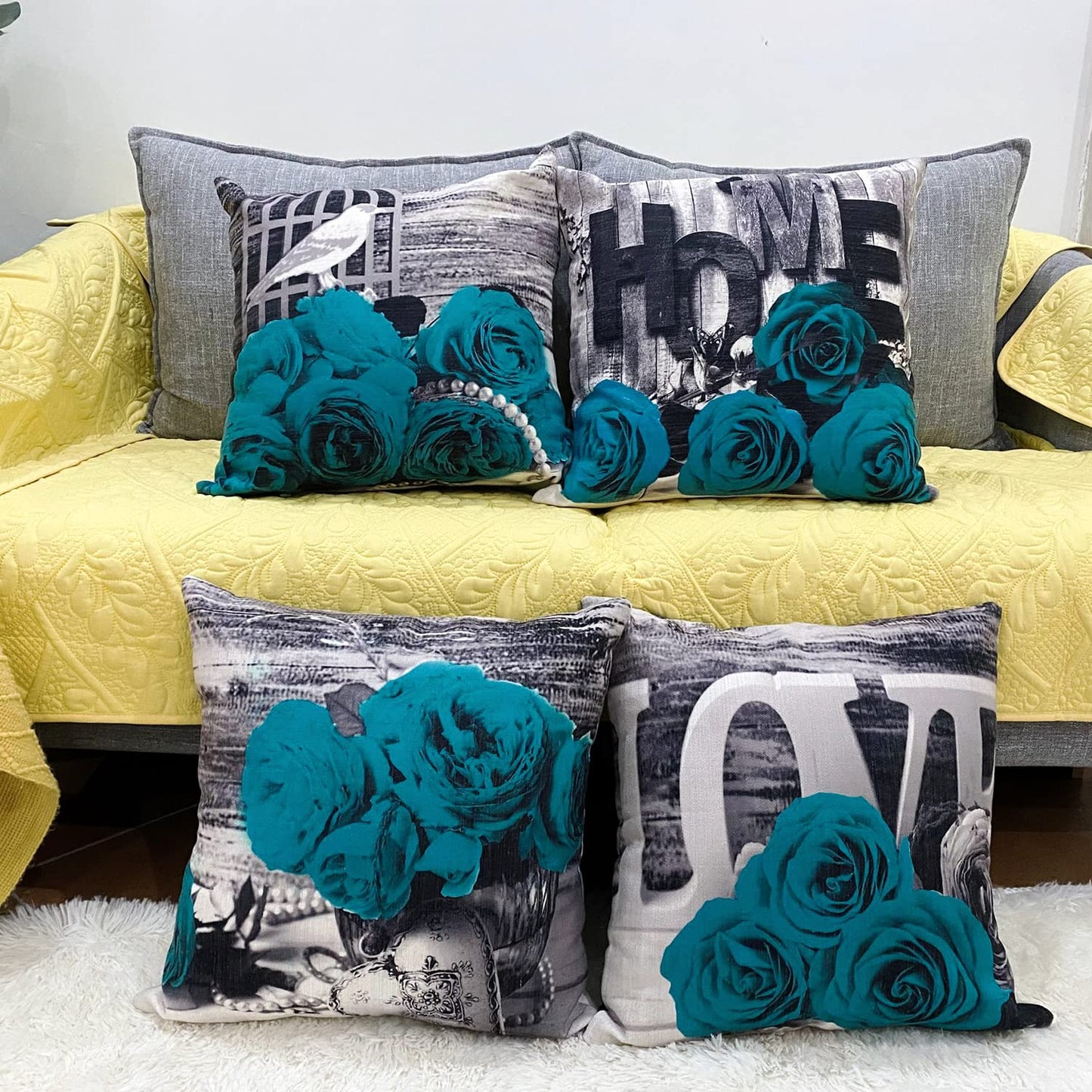 Turquoise Throw Pillow Covers 18x18 Set of 4 Farmhouse Grey Teal Pillow Cover for Couch Outdoor Patio Furniture, Linen Cotton Decorative Rose Flower Cushion Case Bed Sofa Living Room Home Decorations