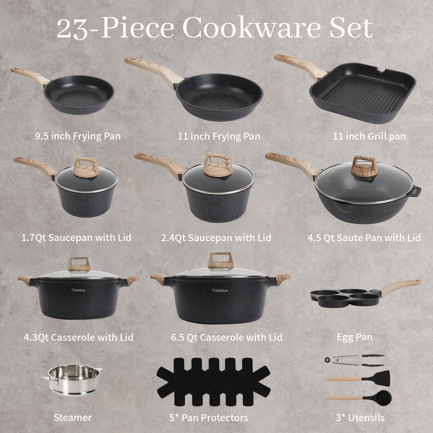 Cuisinluv 23Pcs Pots and Pans Set Non Stick, Kitchen Cookware Sets, Granite Stone Induction Cookware Non Stick Cooking Set w/Frying Pans, Saucepans, Sauté Pan, Griddle Pan, Egg Pan, Black
