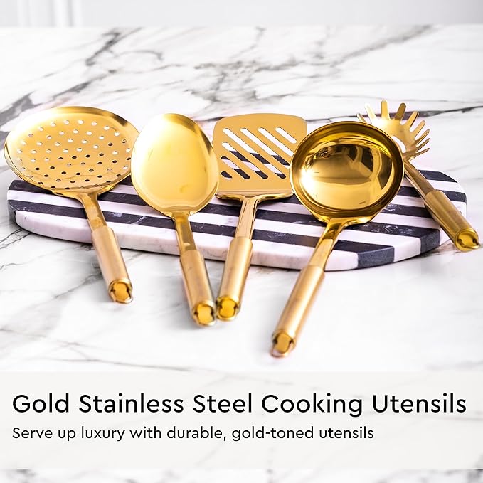 Black and Gold Kitchen Utensils Set - 19-PC Set Includes Stainless Steel and Silicone Cooking Utensils, Measuring Cups and Spoons - Black and Gold Kitchen Accessories for Stylish Cooking & Serving