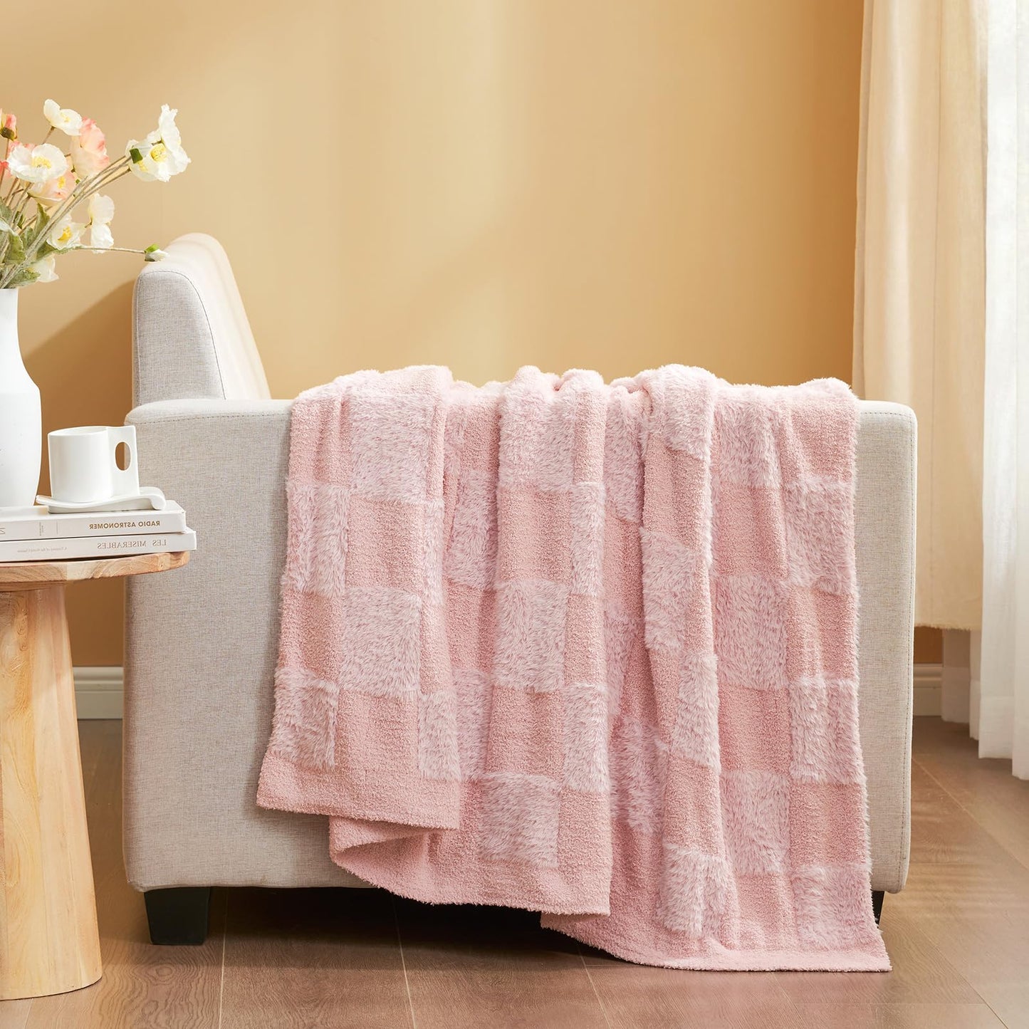 Snuggle Sac Pink Checkered Throw Blanket,Fluffy Faux Fur Knitted with Soft Microfiber Warm Throw Blankets for Couch, Sofa, Chair, Bed, Solid Pink, 50x60 inches