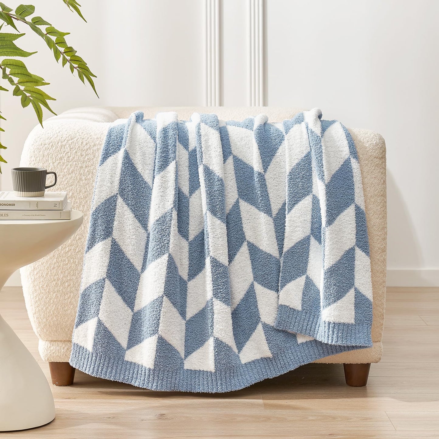 Snuggle Sac Chevron Throw Blanket for Couch, Reversible Super Soft Warm Blankets Cozy Knit Fuzzy Plush Lightweight Throws for Sofa, Bed, Camping, Blue, 50x60 inches