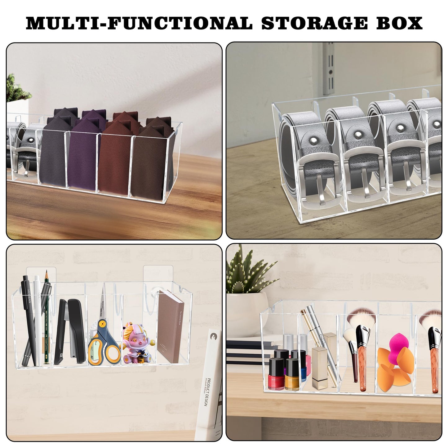 Belt Organizer, Acrylic Belt Storage Organizer for Closet, 7 Compartments Clear Belt Holder with Dust Cover, Belt Display Case Hanger for Drawer Tie and Bow Tie