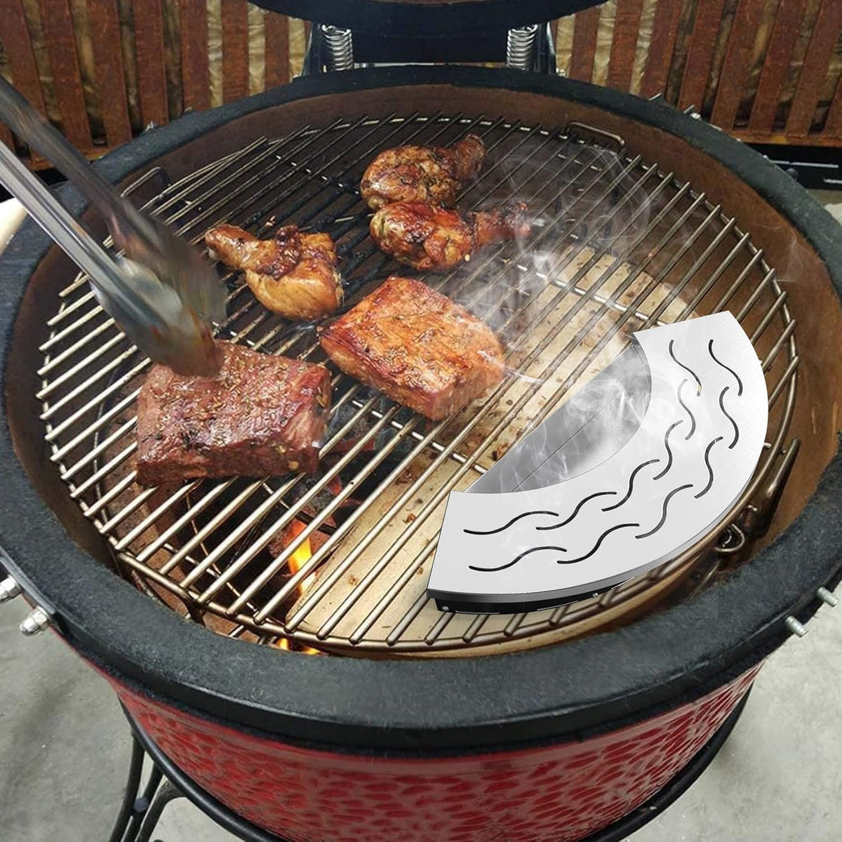 Onlyfire BBQ Smoker Box, Stainless Steel Fan-Shape Wood Chip Smoker Box with Removable Lid & Water Reservoir for Charcoal Grills, Kamado Grills - Add Smokey BBQ Flavor to Your Foods, Design Patent
