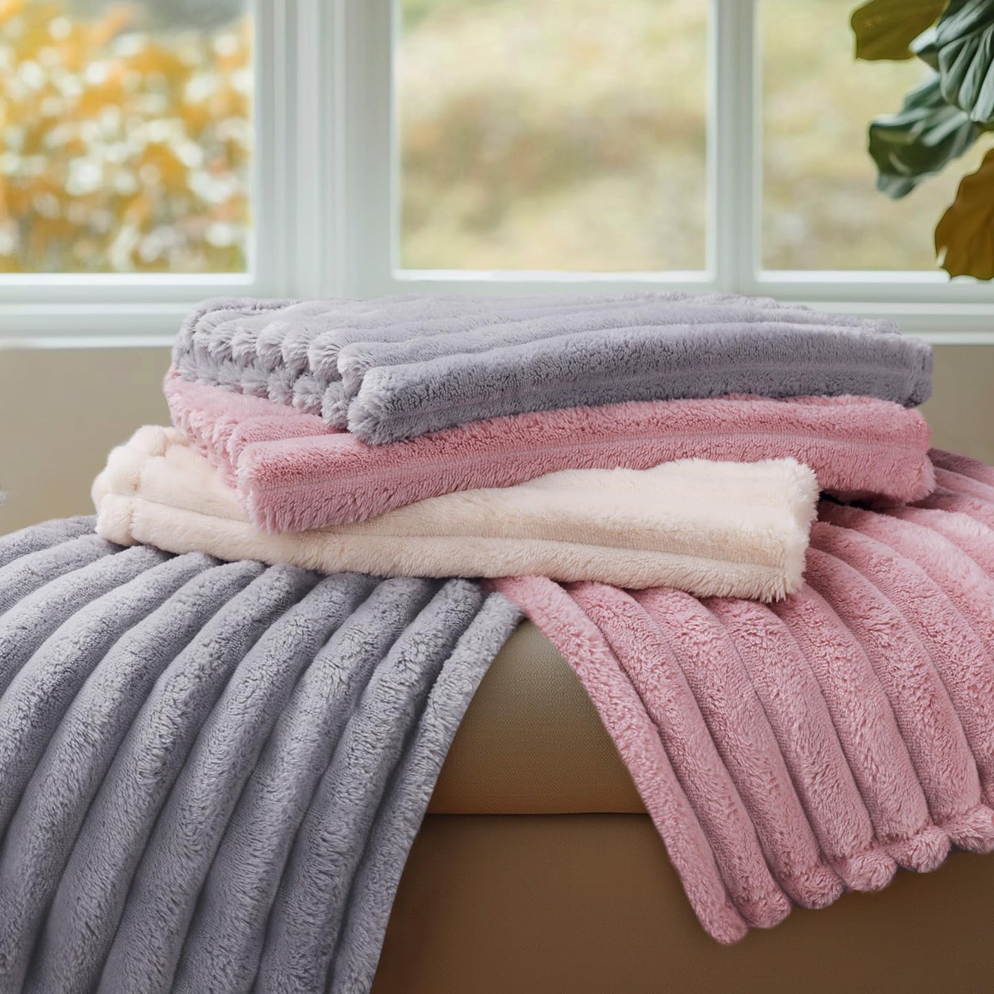 LINENLUX 1 Pack 3 Soft Fleece Dog Blanket for Pet Washable Warm Cat Puppy Fluffy Calming Flannel Beige/Pink/Grey Small