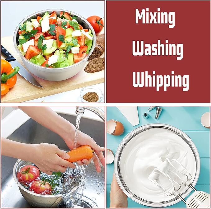 P&P CHEF Mixing Bowls With Lids, Set of 6, Stainless Steel Nesting Mixing Bowls & Fitting Lids & Non-Slip Silicone Bottom, Ideal for Mixing, Storing, Size 0.7/1/1.5/2.5/3/4.6 Qt, Red