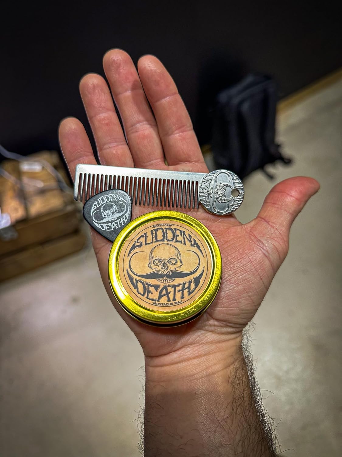 Mustache Wax Strong Hold Sudden Death 1 oz Tin & Platinum Death Grip Mustache Comb Mens Combo Kit - Grooming For Men Handlebar Moustache & Beard Wax Styling