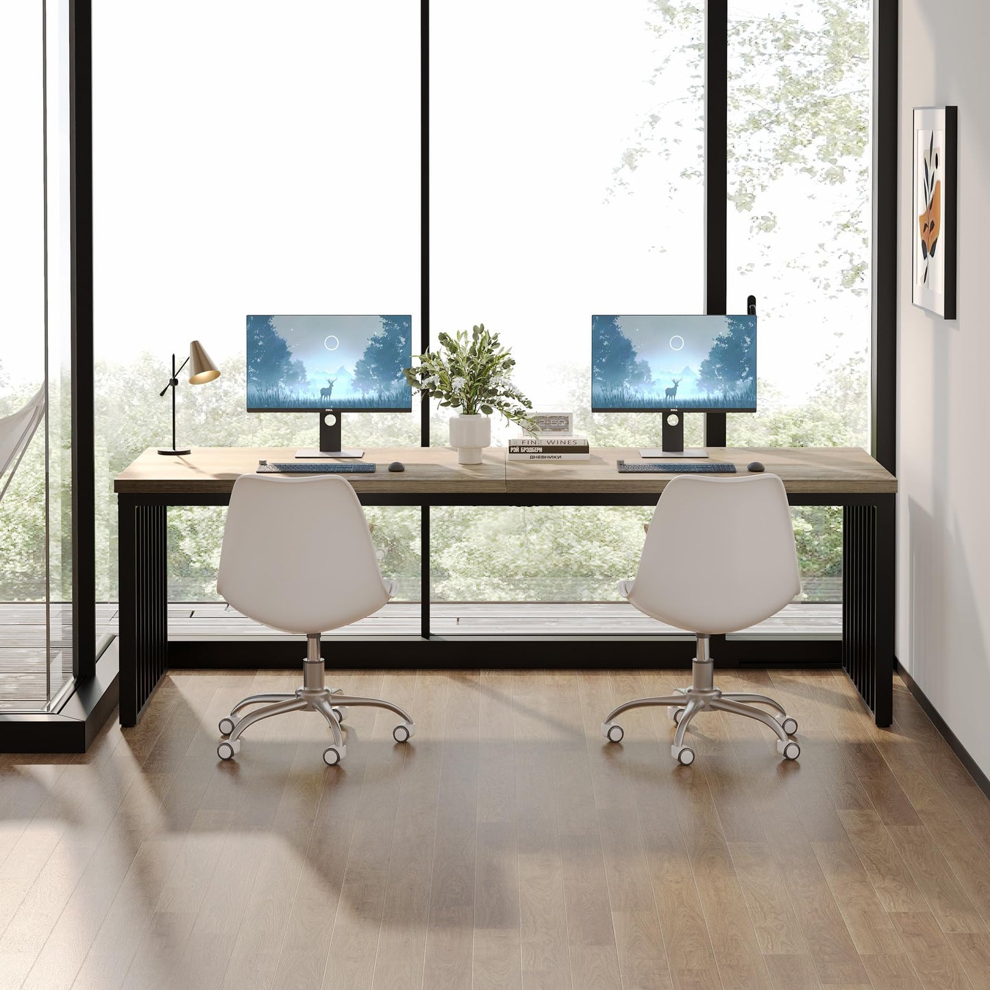 Tribesigns 78.74" Extra Long Computer Desk 2 Person Desk, Double Long Desk with Heavy Duty Metal Frame, Double Workstation Study Table for Home Office, Brown (Without Chair) (Gray & Black)