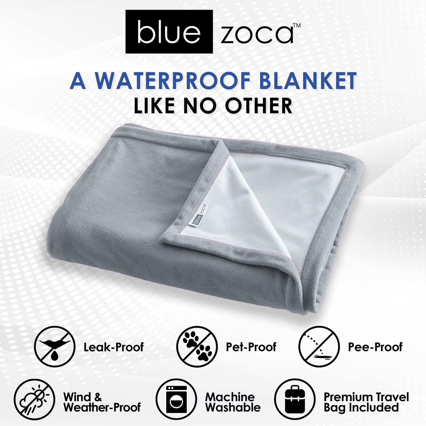 Blue Zoca Waterproof Blanket for Indoors & Outdoors | Machine Washable, Multi-Purpose Throw to Protect Your Bed Couch Car from Leaks Spills & Accidents | for Adults Dogs & Pets - Covers 65x80”, Gray