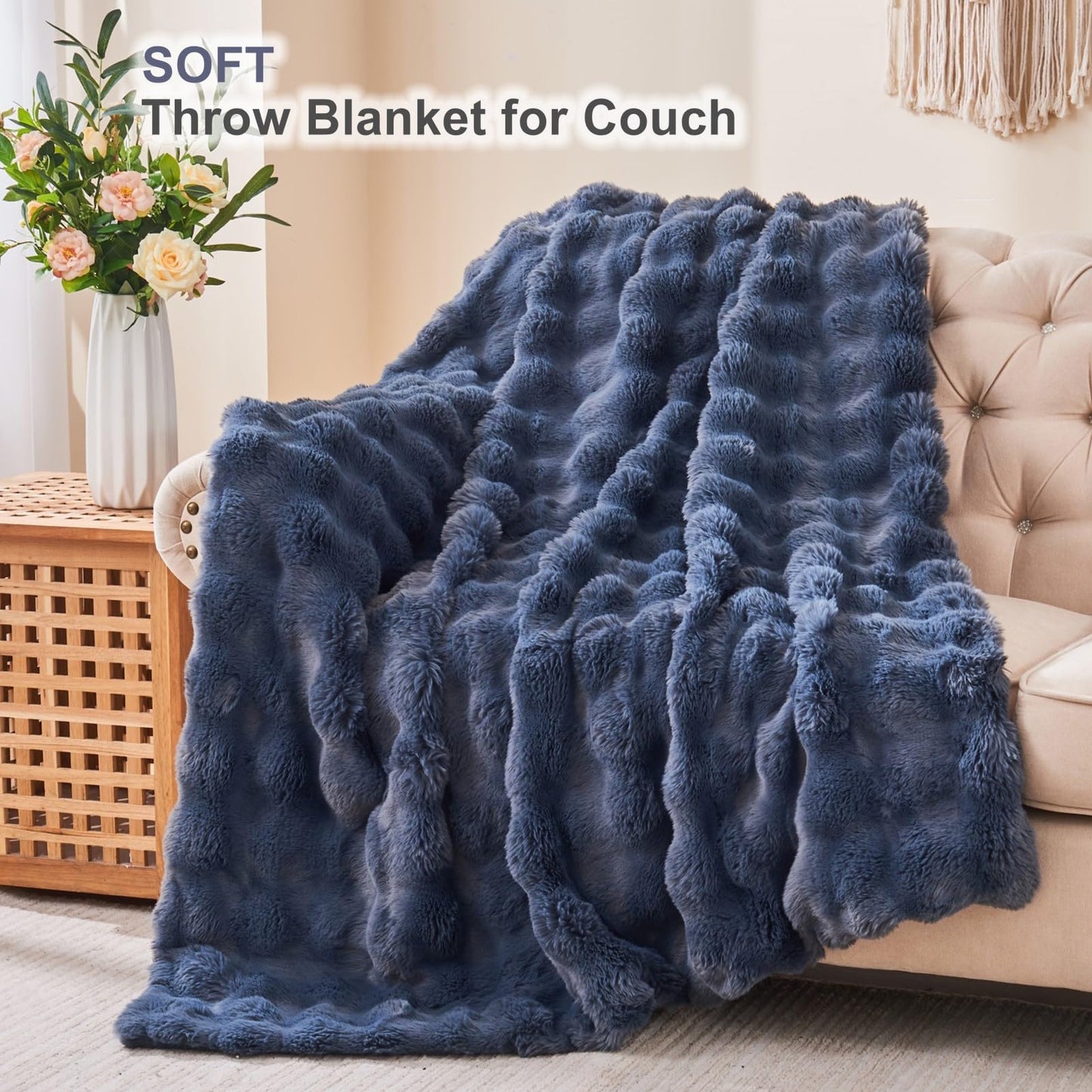 DOISING Soft Cozy Plush Faux Rabbit Fur Grey Throw Blanket, Decorative Boho Fluffy Blanket for Couch Bed Sofa Chair and Living Room, Luxury Fuzzy Fleece Winter Throw Blankets for Women, 50x60''