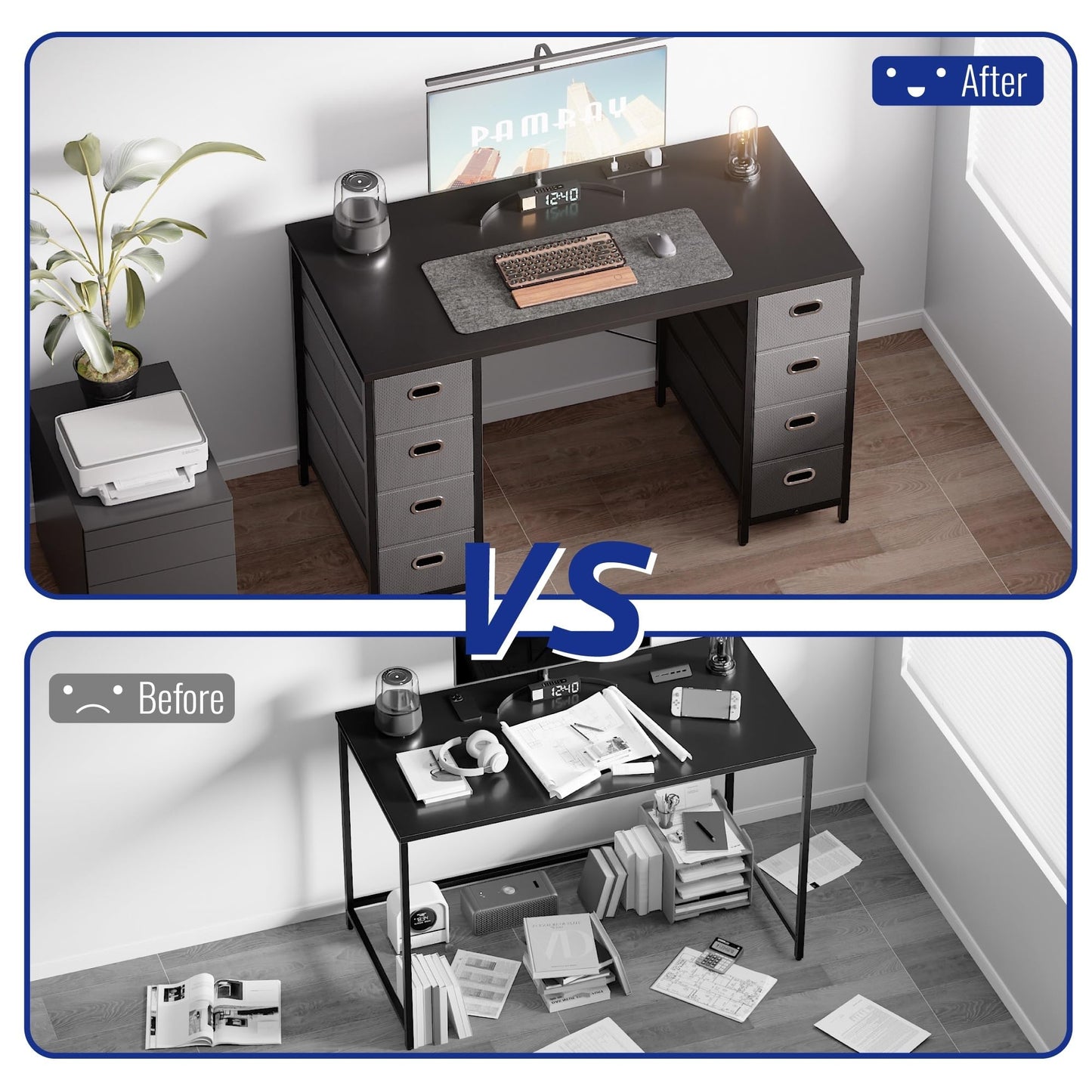 Pamray 47 Inch Computer Desk with 8 Fabric Drawers and Power Outlet PC Gaming Desk Home Office Study Work Writing Table for Bedroom Pink