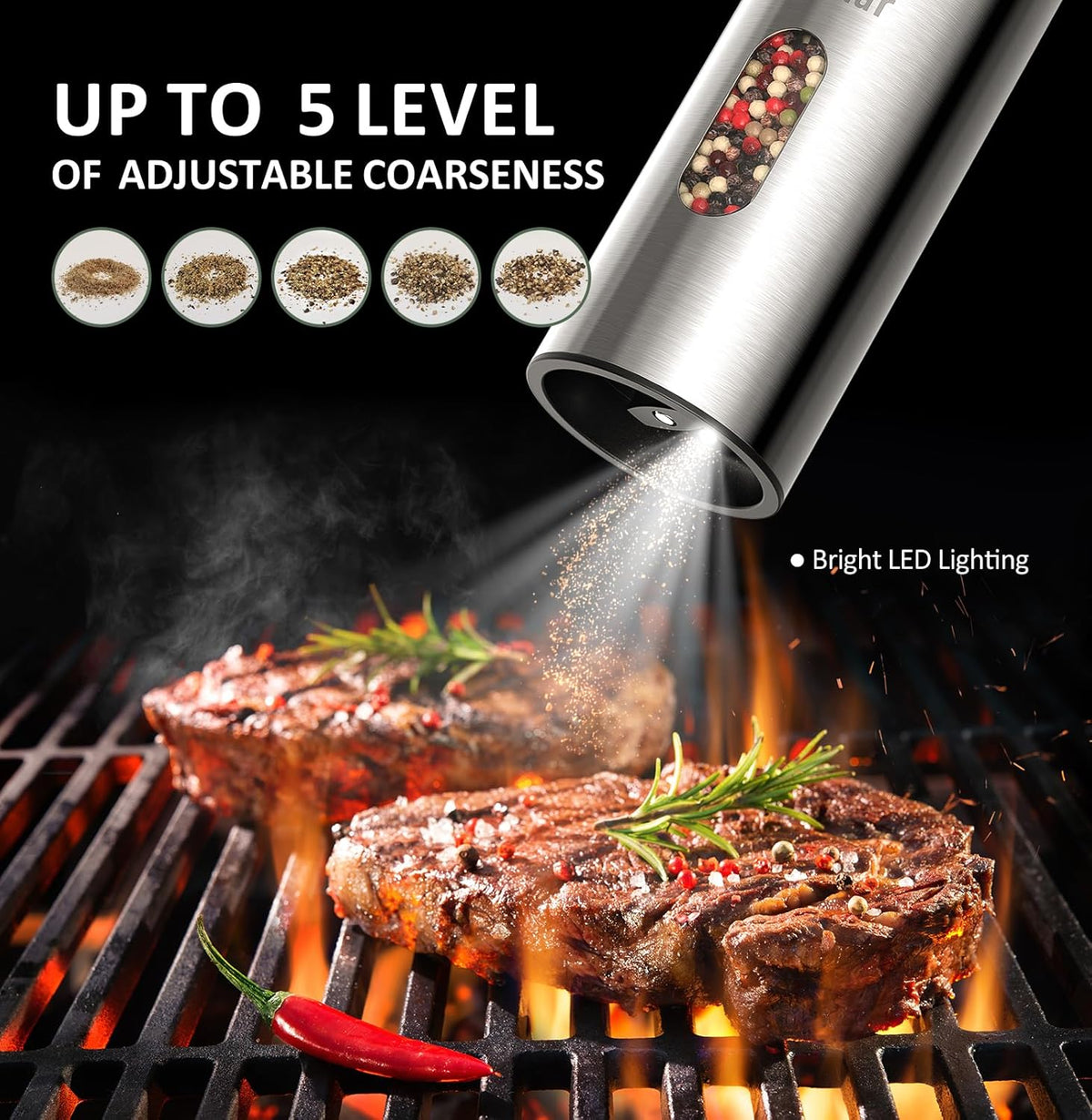 Salt and Pepper Grinder Set Electric,Rechargeable Salt and Pepper Shakers Stainless Steel with USB C Dual Charging Base,Upgraded Large Capacity,Adjustable Coarseness,LED Light,Ideal for Mom