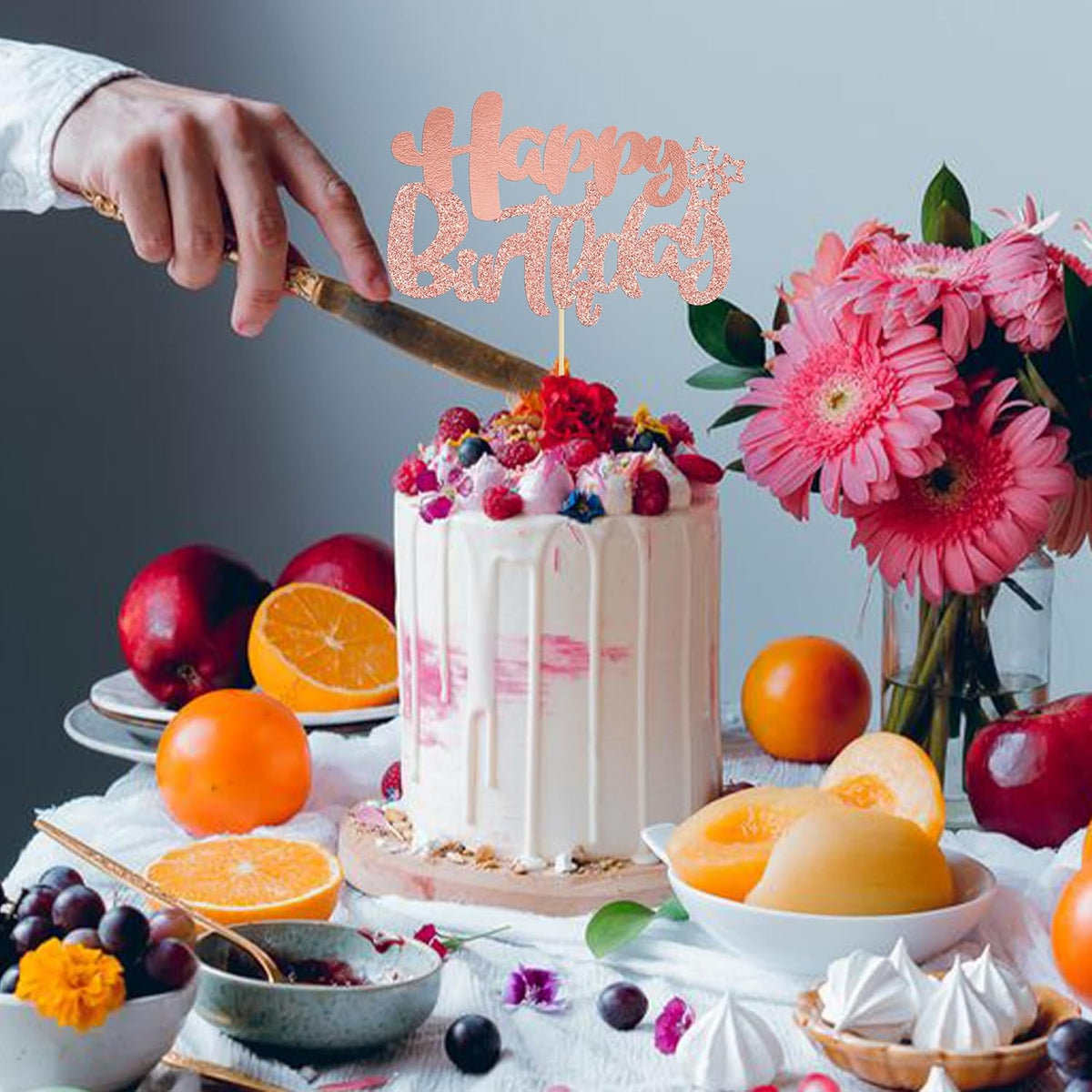 Ephlyn 1Pcs Happy Birthday Cake Topper Glitter Cake Pick for Celebrating Anniversary Theme Party Cake Decorations Supplies Rose Gold