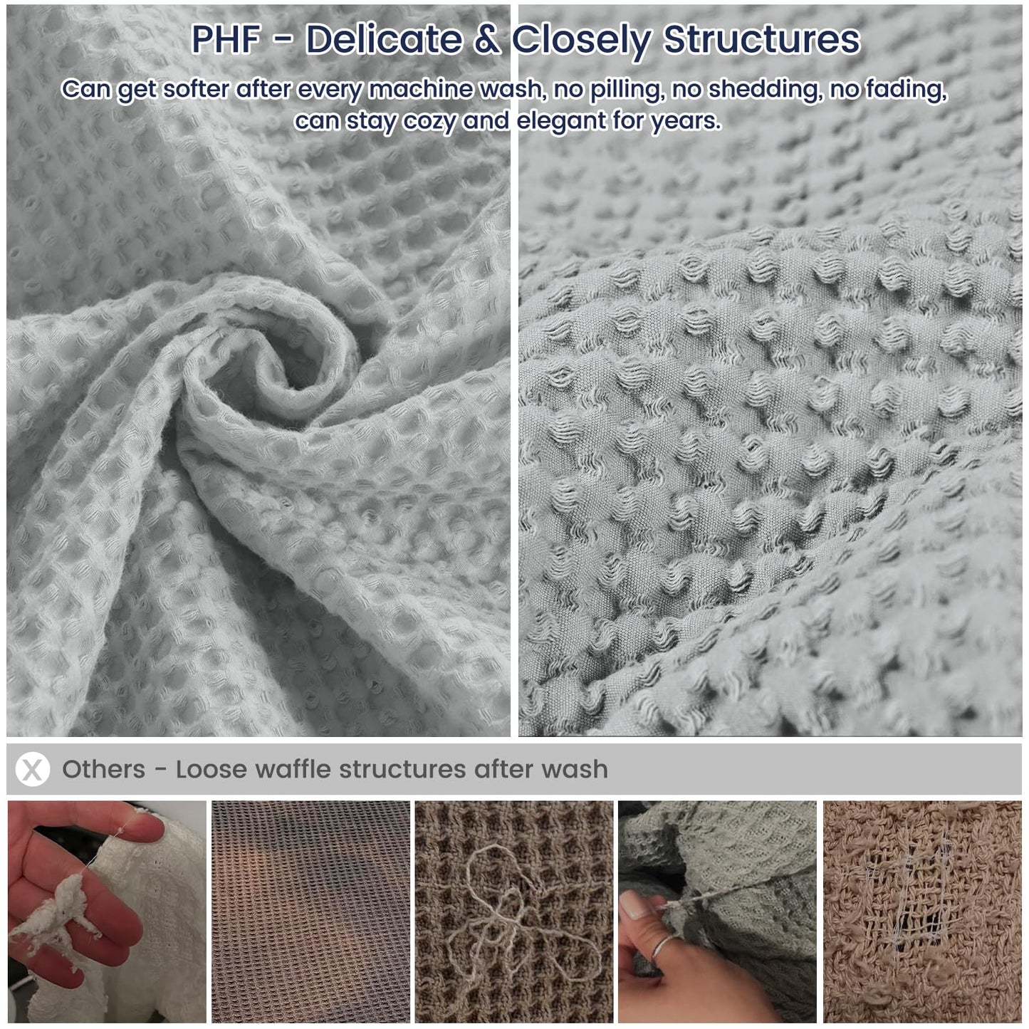 PHF Pre-Washed Cotton Waffle Weave Blanket King Size for Bed,Snag Proof Throw Blanket for Couch Spring Summer Lightweight Breathable,Oeko-TEX Certified,Machine Washable,Home Decor Gift，Light Grey
