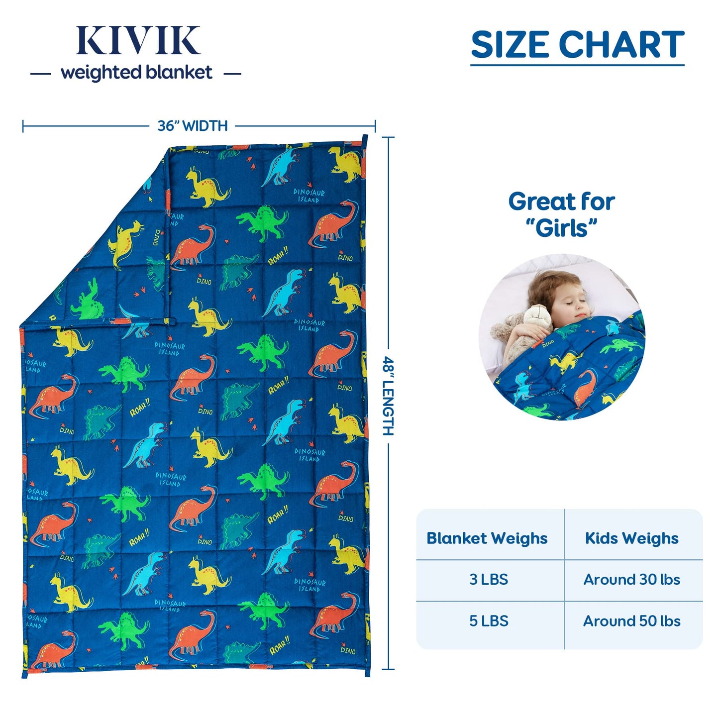 Kivik Weighted Blanket 3lbs, Blue Dinosaur Weighted Blankets, Cute Small Weighted Blankets 3 Pounds, Washable Soft Heavy Blanket Throw for All-Season, 36x48 Inches Blue