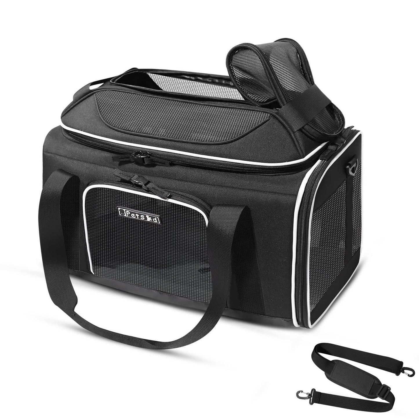 Petskd Top-Expandable Pet Carrier 17x11x9.5 Inches Alaska Airline Approved, Soft-Sided Carrier for Small Cats and Dogs with Locking Safety Zippers and Anti-Scratch Mesh(Black)