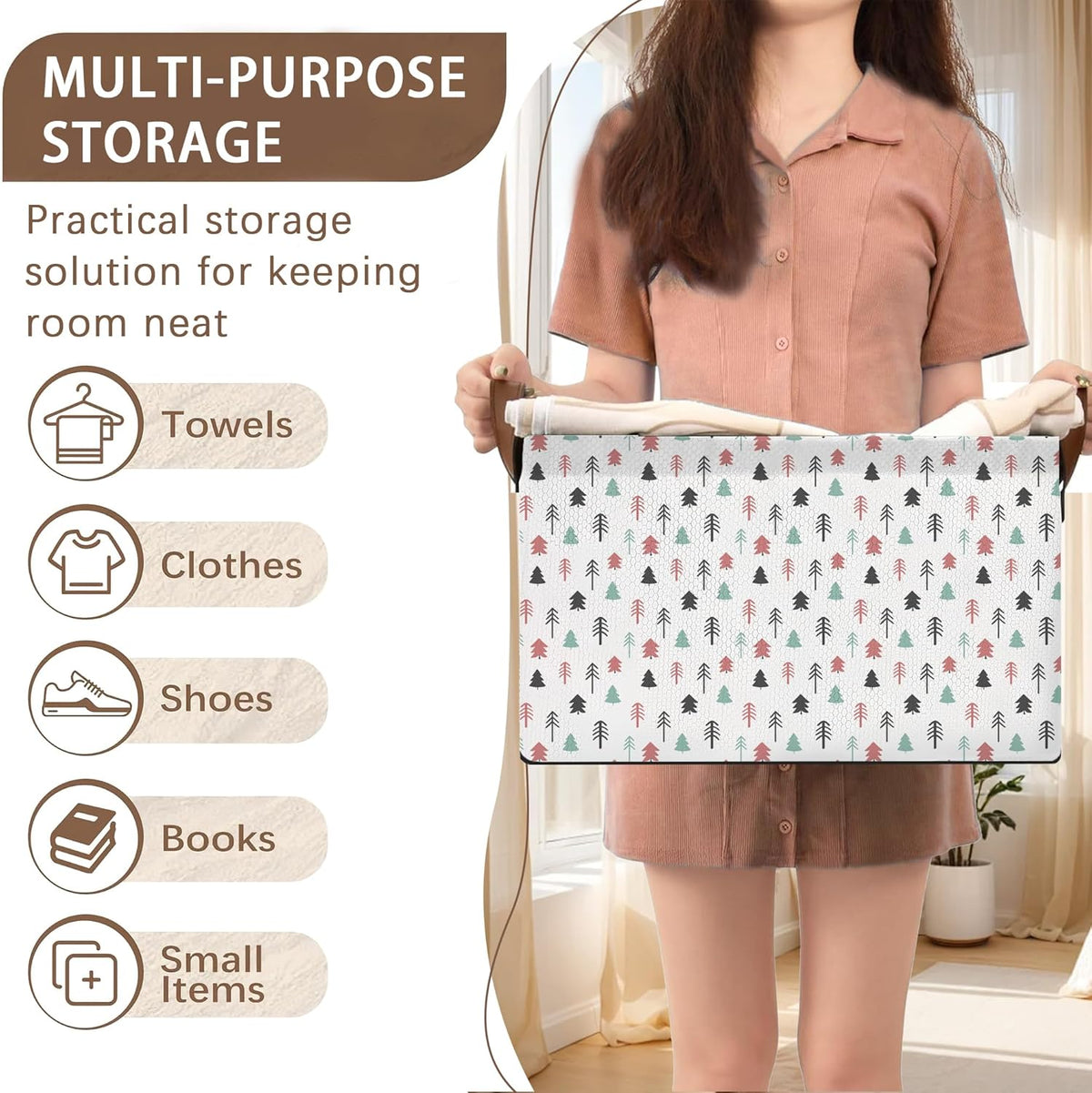 Foldable Collapsible Storage Bin with Pine Tree Design-17x11.5x10.5 Inch Organizer Basket for Home, Closet, Nursery-Single Pack, No Lid Space-Saving Storage Box