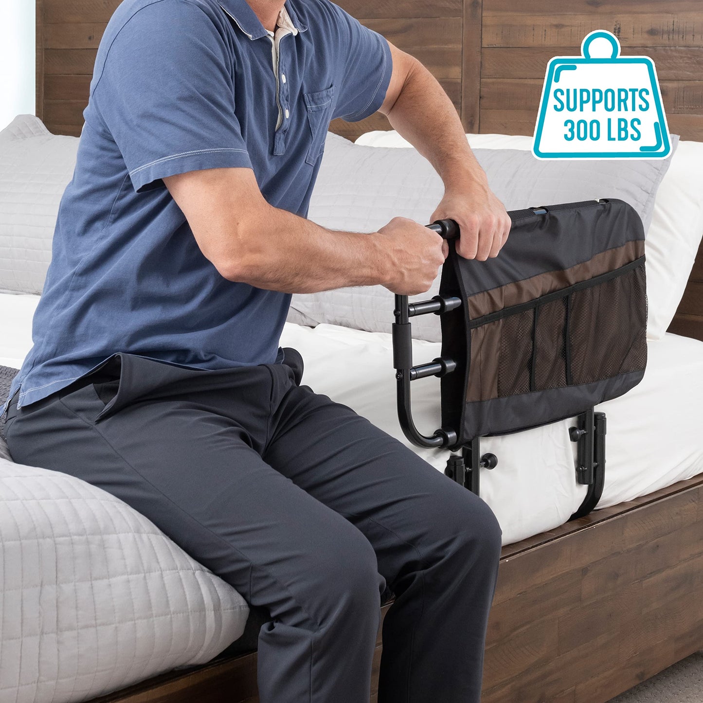 Stander EZ Adjust Bed Rail, Adjustable Senior Bedrail and Safety Assist Railing for Elderly Adults with Organizer Pouch, ASTM Safety Approved Guard-Rail, Black