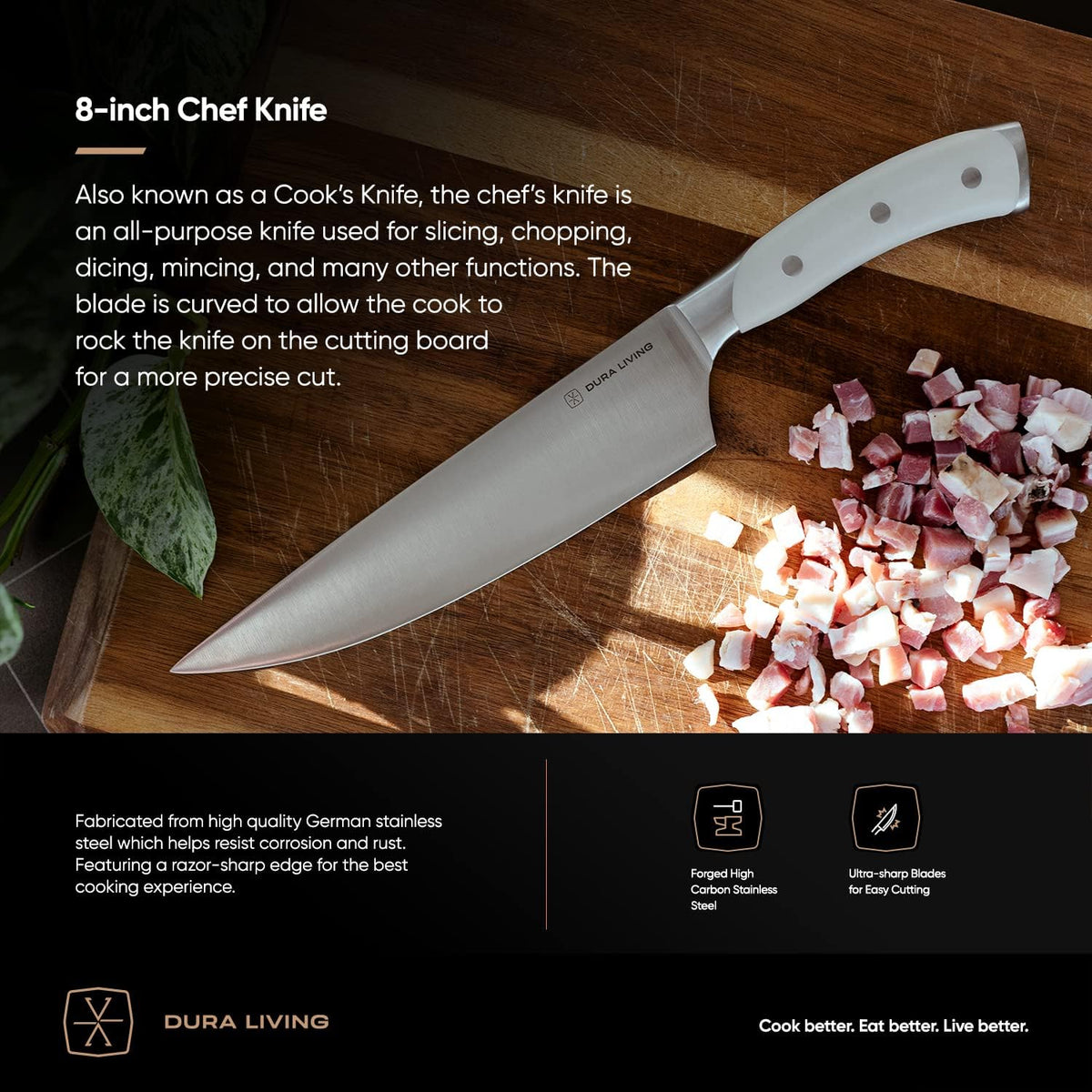 8-Inch Chef Knife – Ultra-Sharp German High Carbon Stainless Steel, Full Tang, Ergonomic Handle, Multipurpose Kitchen Knife for Chopping, Slicing, and Dicing, Cream