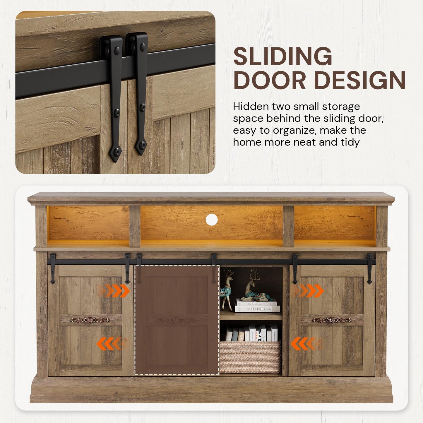 PinkMuse Sideboard Buffet Cabinet, 58" Kitchen Cabinet with LED Lights and Sliding Barn Doors, Farmhouse Coffee Table Bar Station Wood Buffet Cabinet with Storage for Kitchen, Dining Room,Rustic Oak