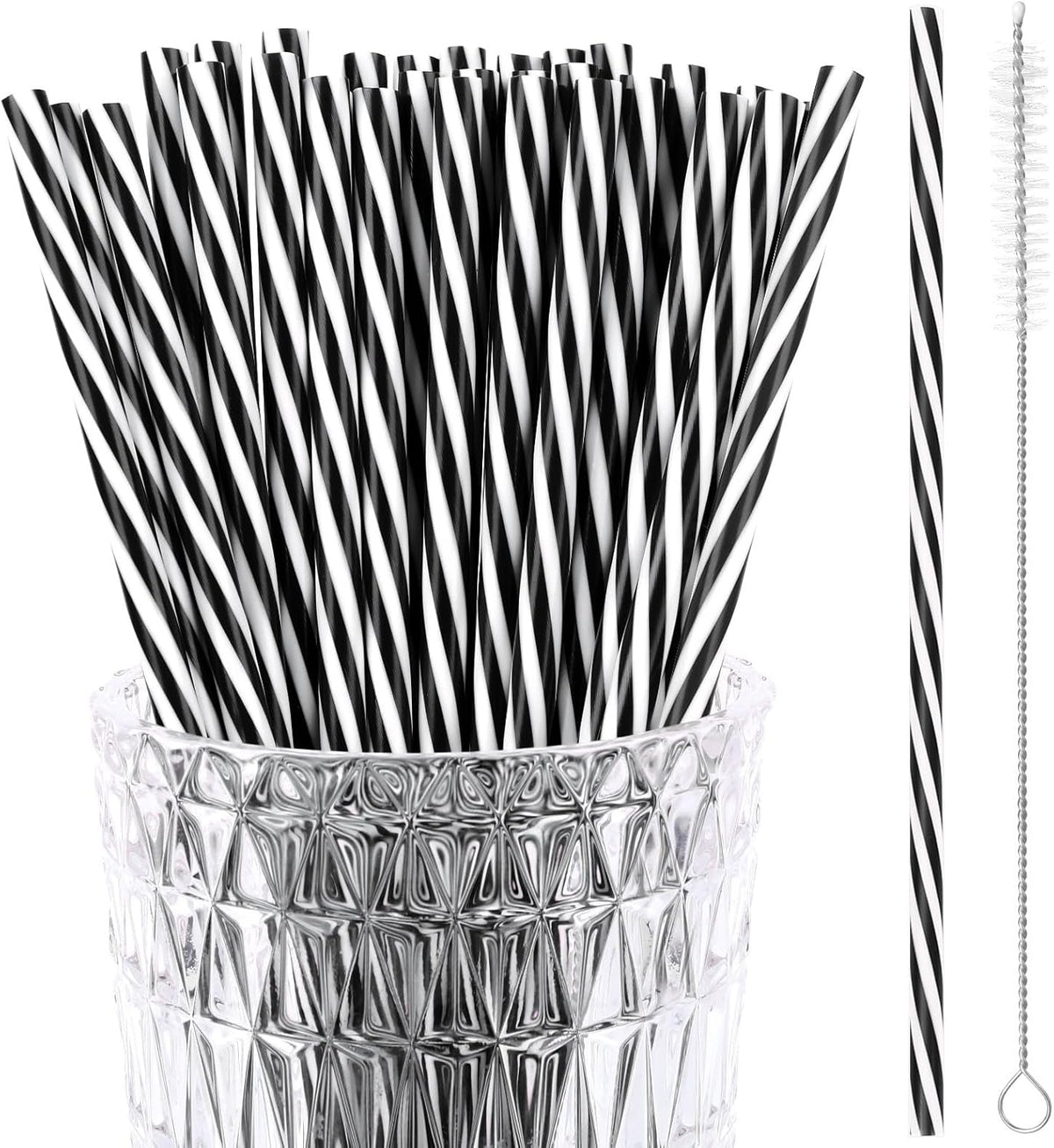JANYUN 30 Pcs Halloween Straws Plastic, Reusable Black and White Striped 9 Inch Hard Plastic Drinking Straws with Cleaning Brush for Christmas Halloween Birthday Party Supplies Table Decorations