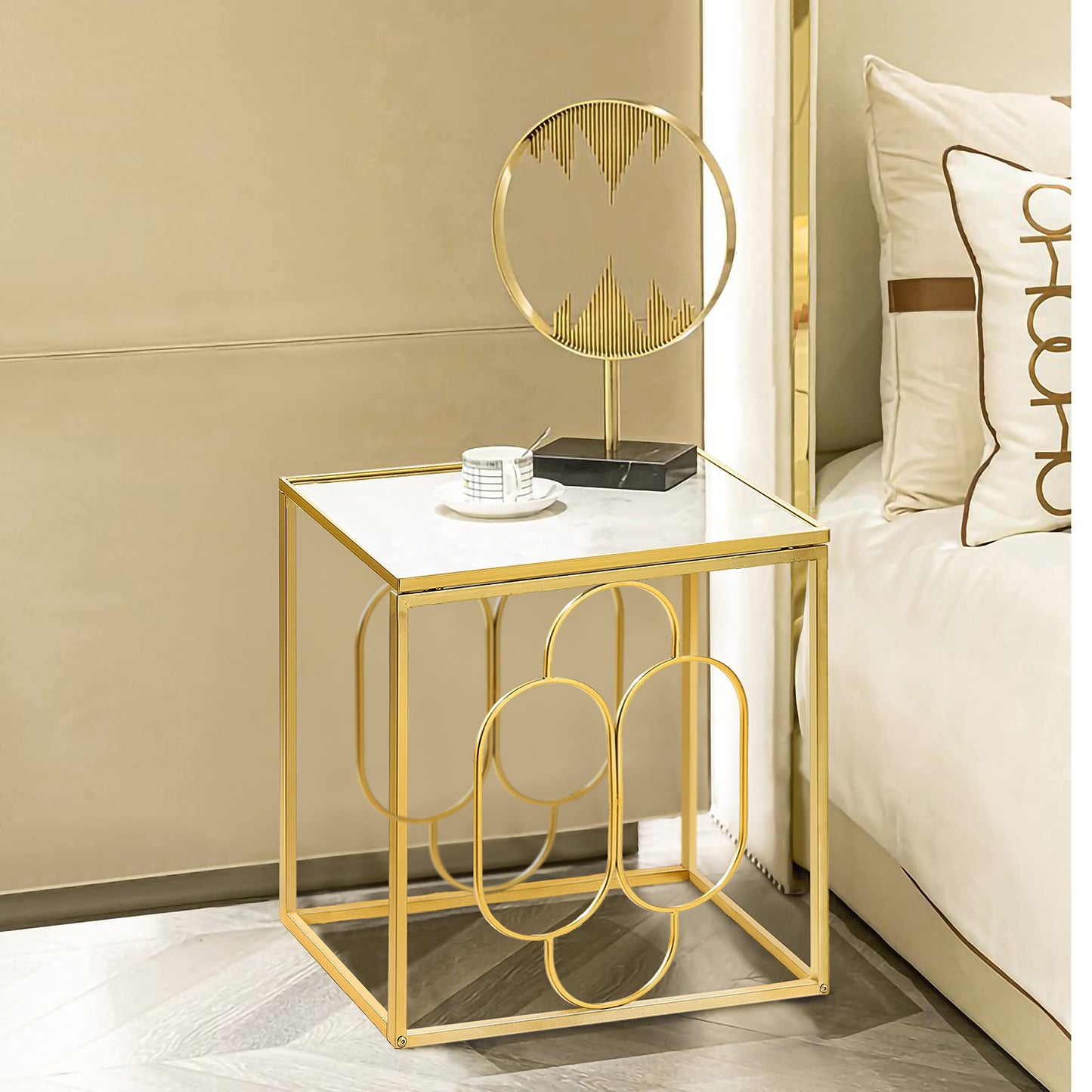 MOCOME 20" W Gold End Table with Tempered Glass Top Metal Square Frame, Side Table Accent Table Nightstand for Living Room Bedroom