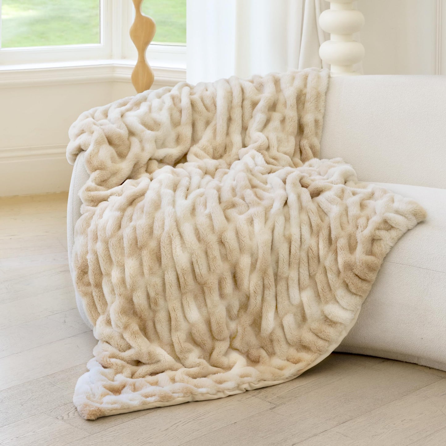 Luxury Faux Fur Throw Blanket with Stretch Ruched Design, Cozy Faux Fur Blanket, 50x60 Inches, Tie Light Camel - Soft Plush Blanket for Bed, Couch, Gifts for Women and Girls, and Home Decor