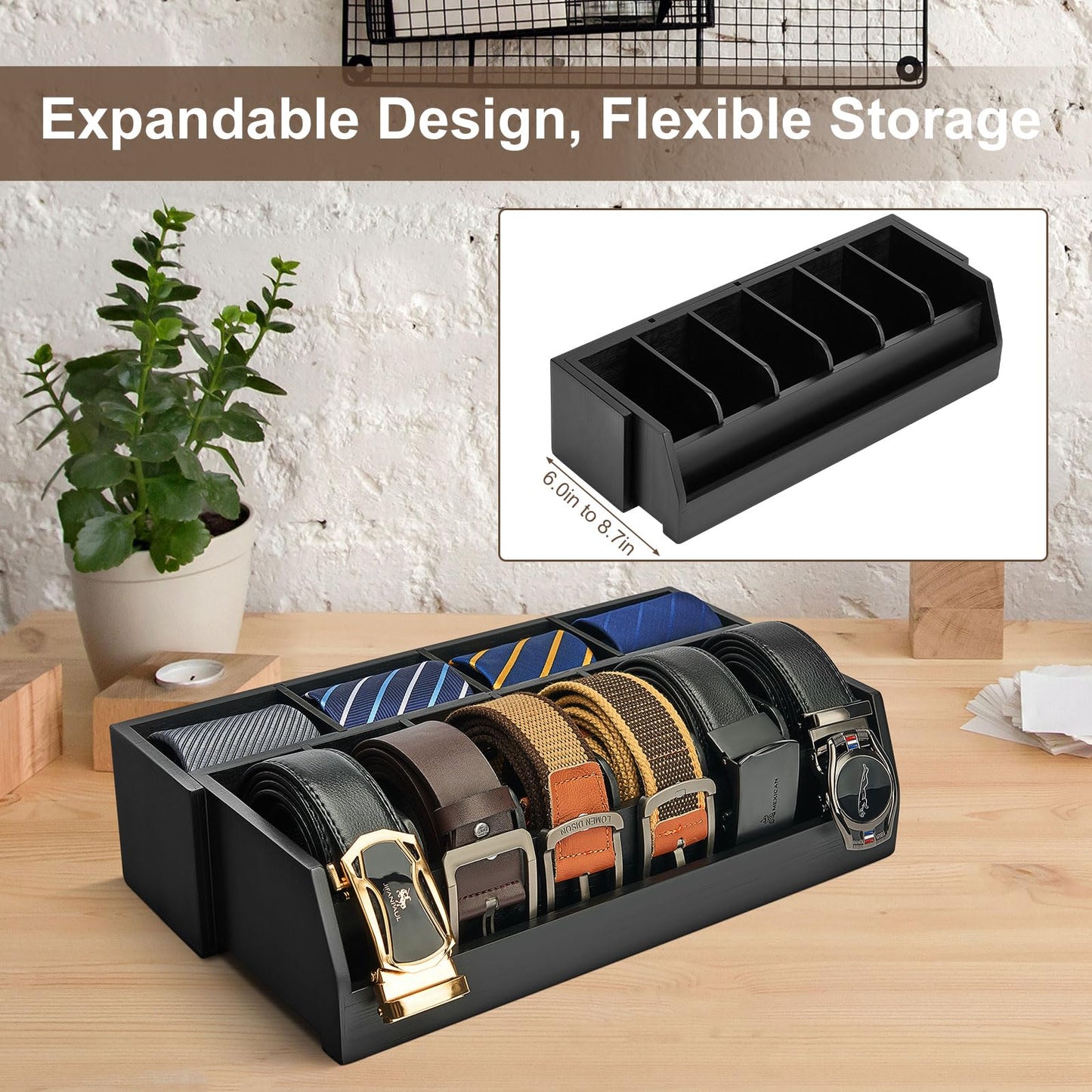 Ikkle Wooden Belt Organizer Box, 10 Compartment Belt & Tie Storage, Closet & Drawer Display Case, Large Holder (Black)
