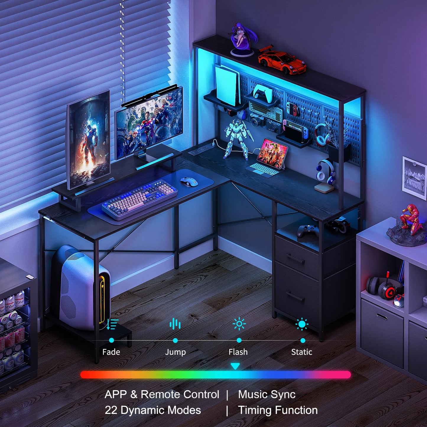 Yoobure L Shaped Desk with Pegboard, Reversible Computer Desk with Drawers & Storage Shelves, Gaming Desk with LED Lights & Power Outlets, Office Desk with Monitor Stand Corner Desk Home Office Desks