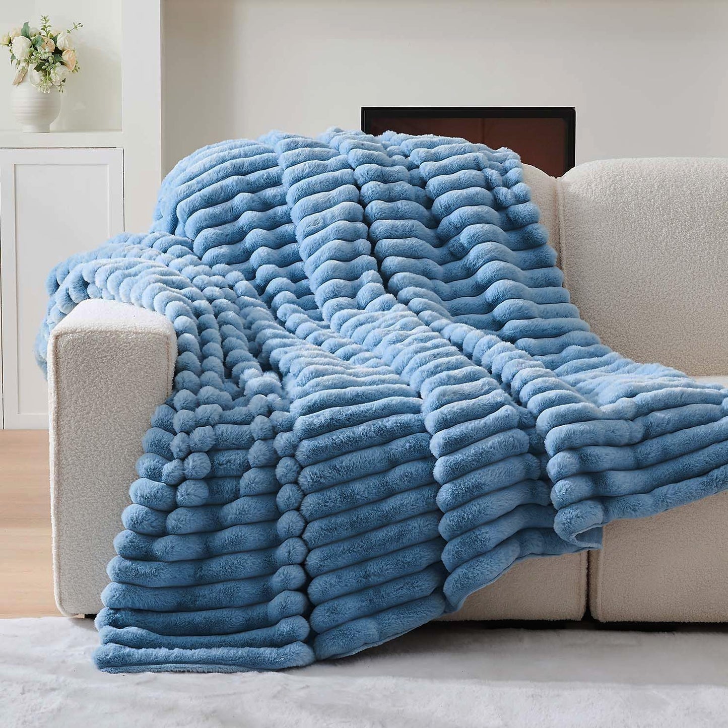 Lotus Karen Faux Fur Throw Blanket - Stripe Faux Rabbit Fur Blanket for Couch, Cozy Soft Fluffy Fuzzy Blanket, Warm Thick Furry Plush Shaggy Small Blankets for Women, Blue,50x60 Inches
