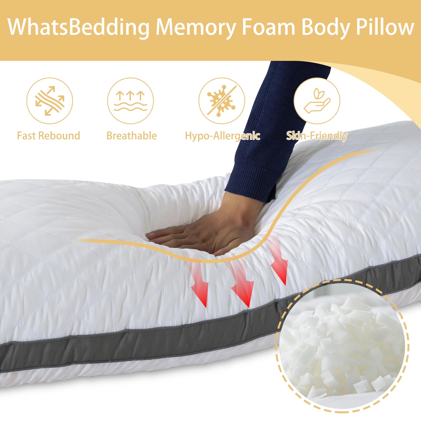 WhatsBedding Memory Foam Body Pillow with Removable Pillowcase-Fluffy Body Pillows for Adults -Large Long Bed Pillows for Sleeping - 20x54 inch, White