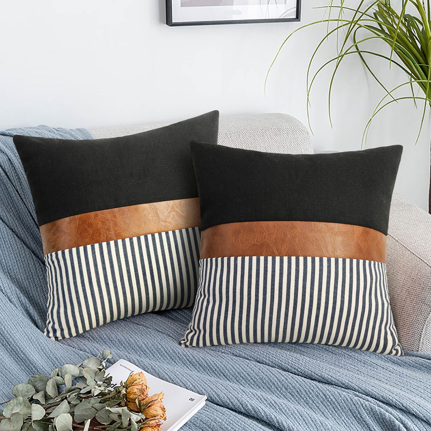 cygnus 22x22 Pillow Covers Set of 2 Boho Rustic Farmhouse Decorative Striped and Black Linen Throw Pillow Covers Modern Brown Faux Leather Covers for Couch Sofa, Navy Striped