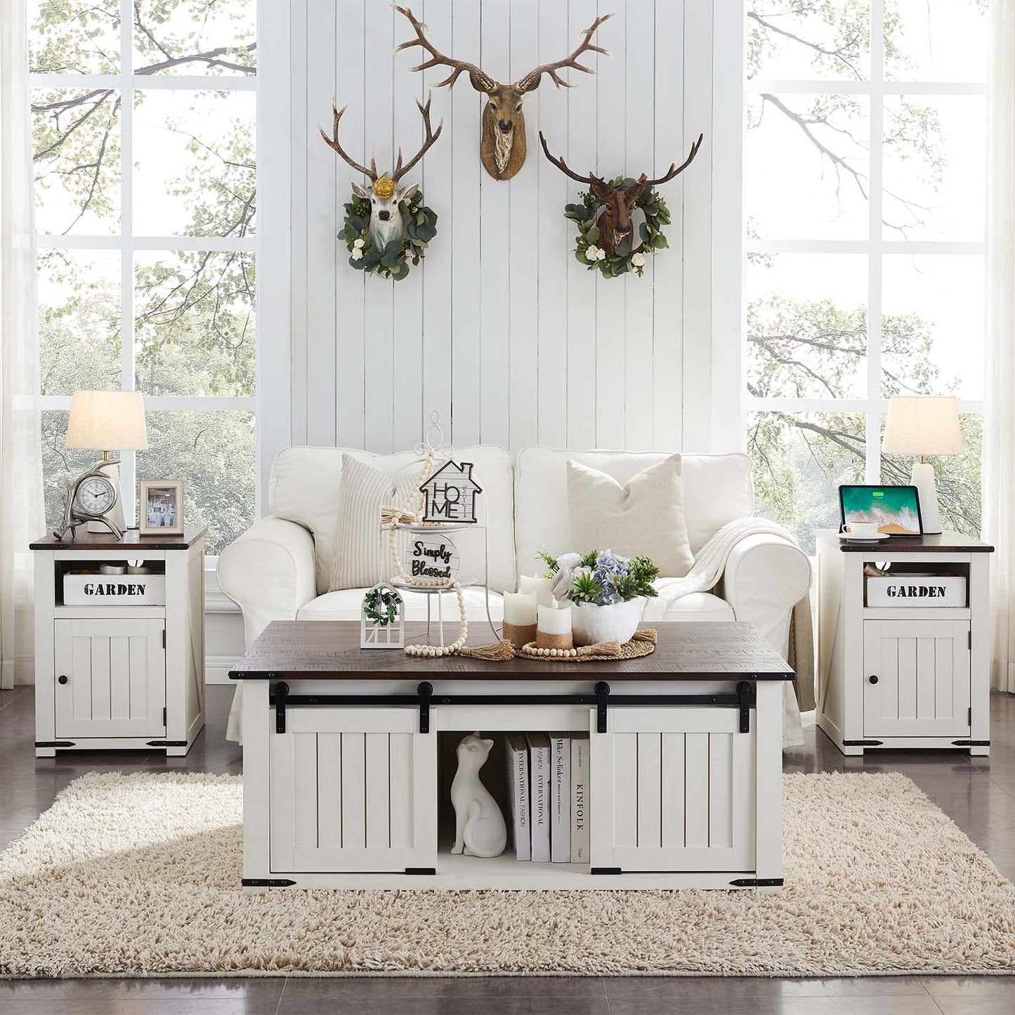IFGET Farmhouse Nightstand with Charging Station, 20" Rustic End Table w/Barn Door, Wood Sofa Side Bedside Table w/Open Shlef & Stroage Cabinet for Bedroom (White)