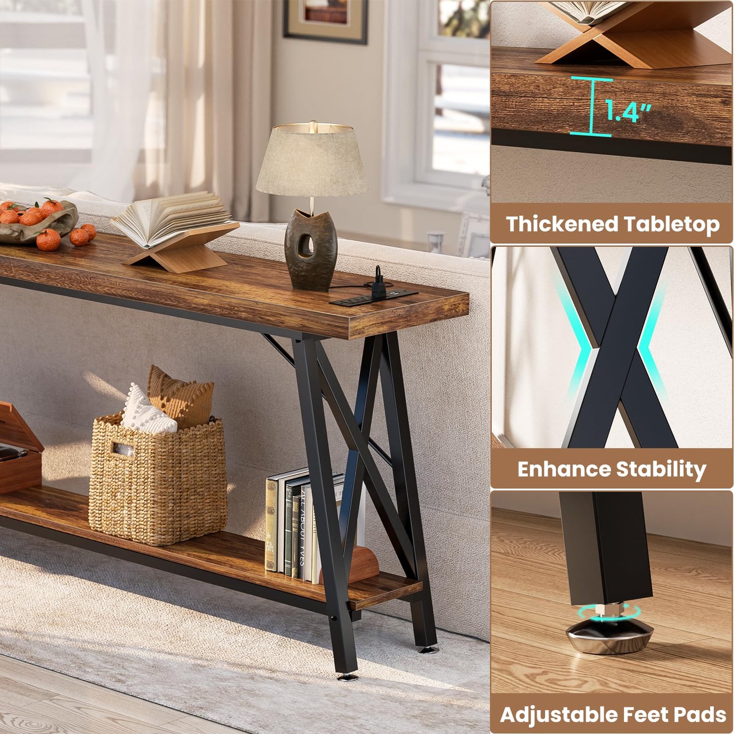 Homieasy 70.9 Inch Extra Long Console Table with Charging Station & Storage Shelf - Industrial Style Sofa Table Behind Couch for Living Room & Entryway, Rustic Brown