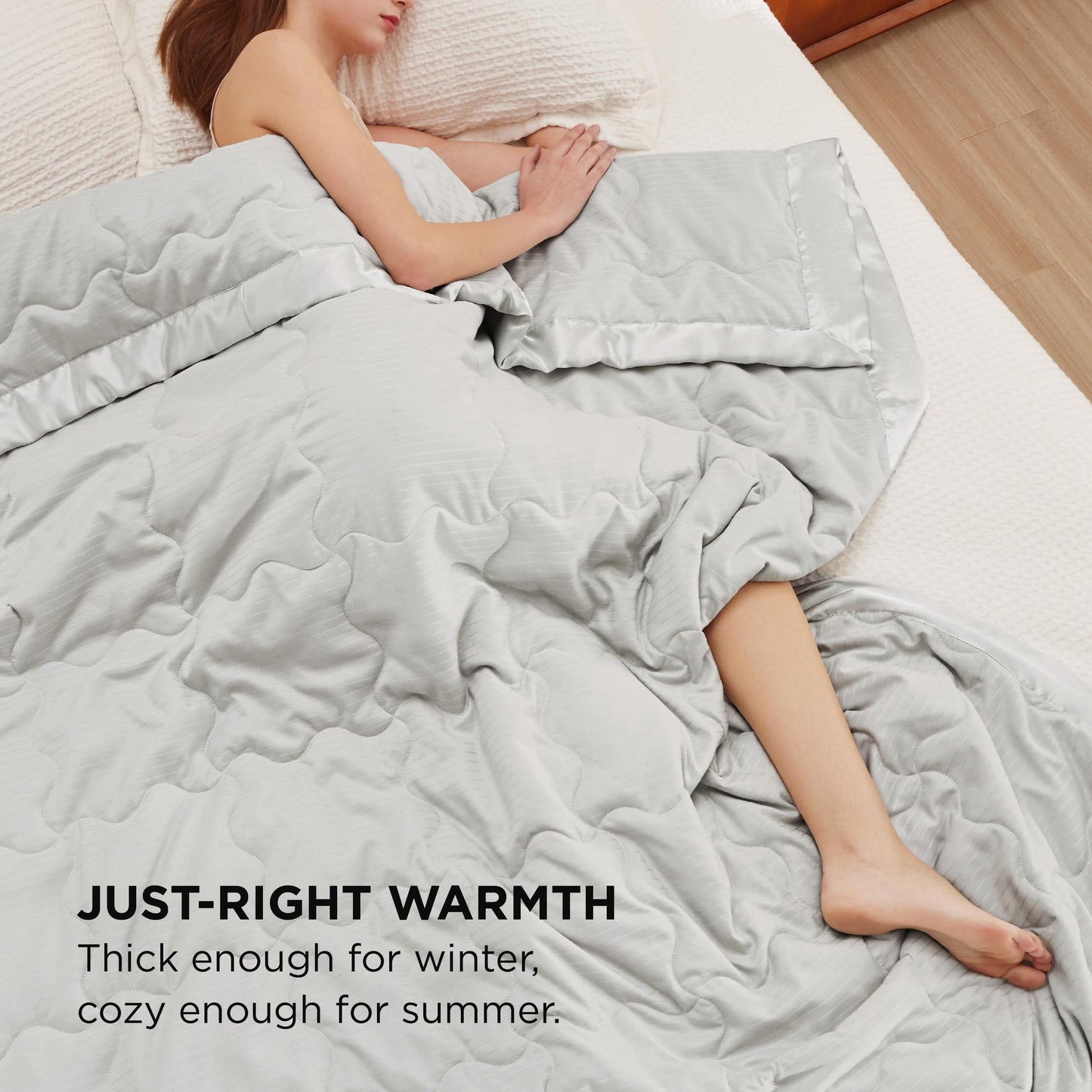 Bedsure Lightweight Blanket for Summer Queen Size - Down Alternative Blanket with Satin Trim for Bed, Light Summer Throw Grey, 90x90 Inches