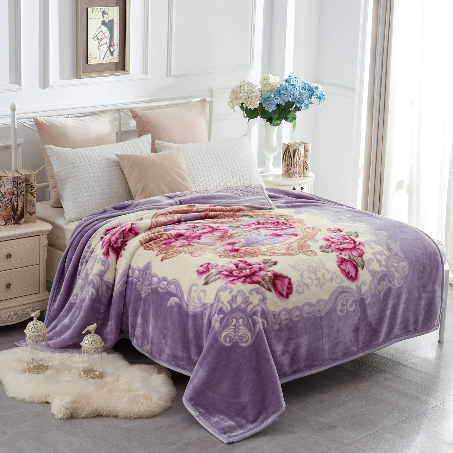JYK Korean Faux Mink Fleece Blanket 83" X 91", 5.7 LB - 2 Ply Reversible Soft Warm Plush Flannel Blanket (Peony/Peony, King)