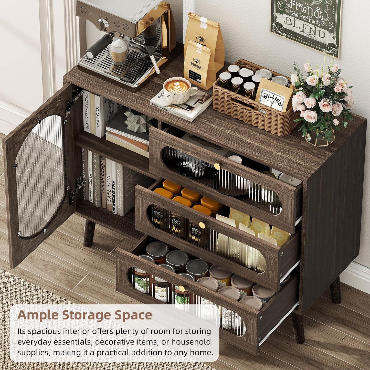 Ludatido Buffet Cabinet with Storage, Sideboard Cabinet with 3 Drawers and Adjustable Shelves, Modern Credenza with Fluted Glass Door for Living Room/Kitchen/Dining Room/Entryway, Walnut