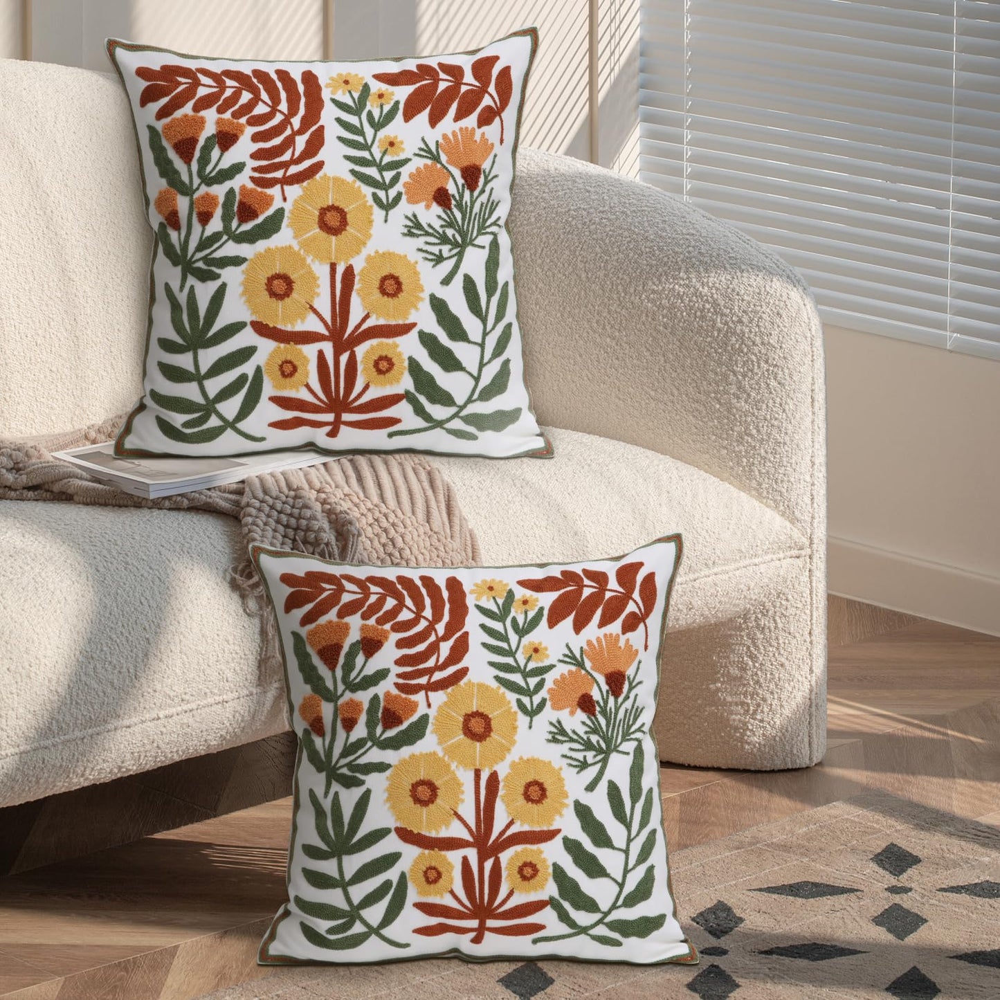 Pilmandu Set of 2 Embroidered Decorative Throw Pillow Covers Couch Square Pillowcases Cushion for Bedroom Sofa Farmhouse Decor 18x18 Inch (Dandelion Flower)