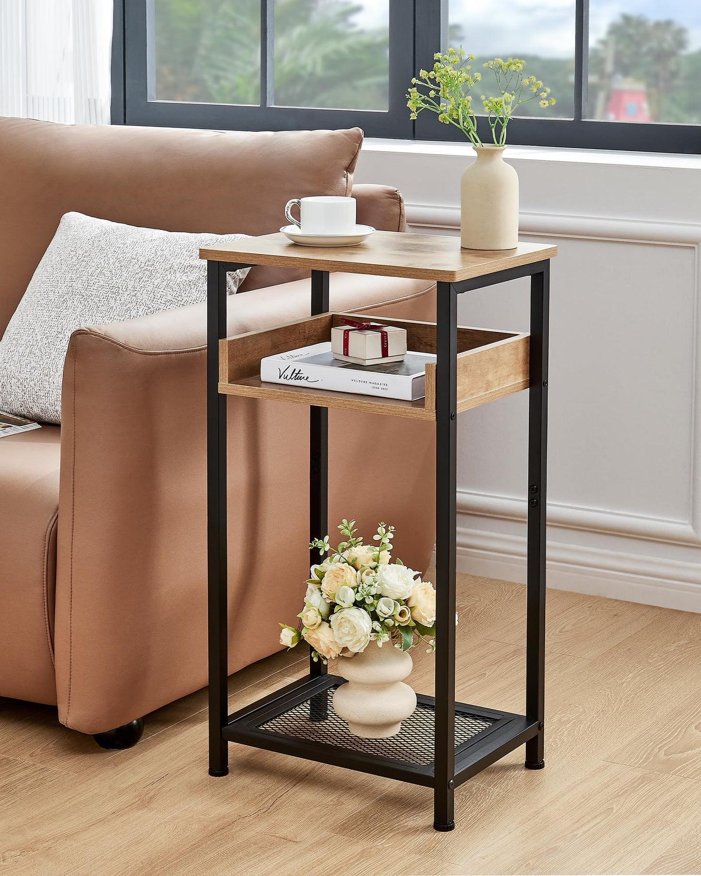 KJGKK Tall Side Table, 30 inch High End Table, Small Entryway Table, Bedside Table for Living Room and Bedroom, Greige & Black