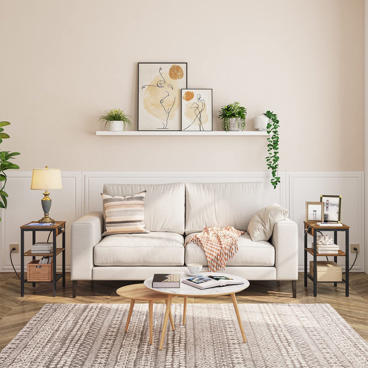 HOOBRO Side Table with Charging Station and USB Ports, Small End Table for Small Space, 3-Tier Nightstand with Adjustable Shelf, for Living Room, Bedroom and Balcony, Rustic Brown BF112BZ01