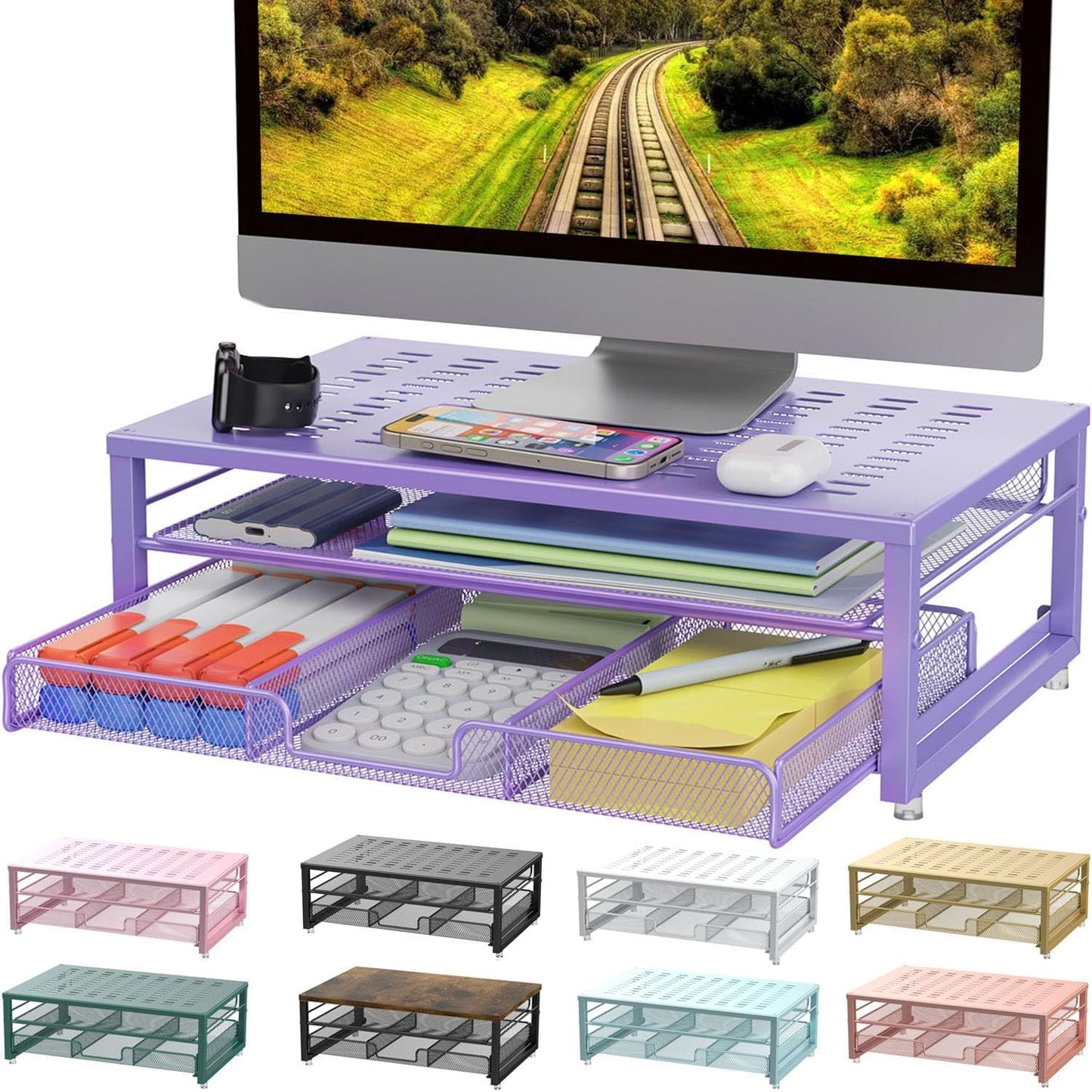 gianotter Computer Monitor Stand Riser, office organizer with Drawer, Office Organizers Storage for Classroom Office Supplies (Blue)