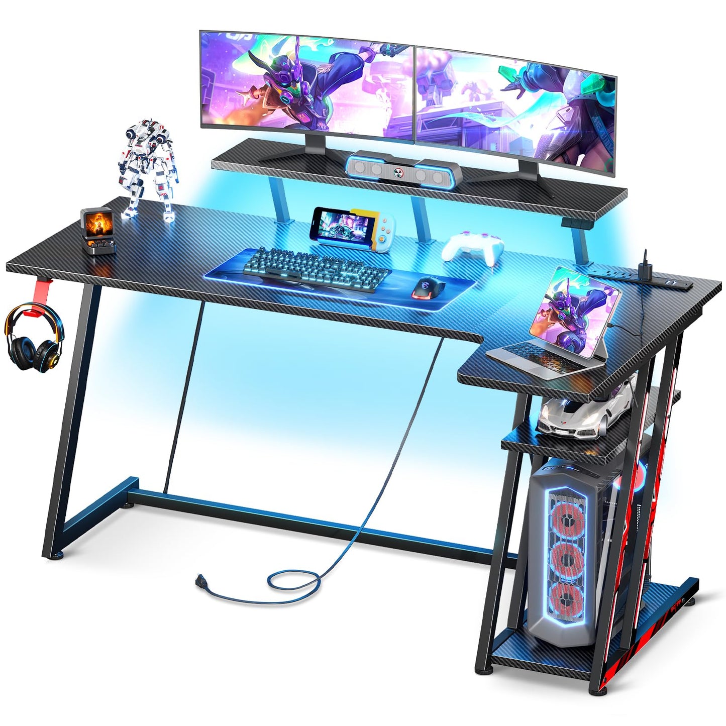 MOTPK Gaming Desk with LED Lights & Power Outlets, 55 Inch L Shaped Gaming Computer Desk with Storage Shelf & Monitor Stand, PC Table with Carbon Fiber Texture, Black