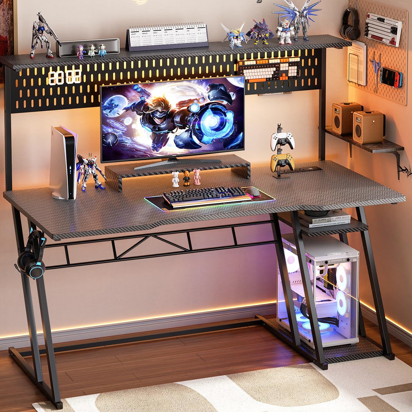 Armocity Gaming Computer Desk with Hutch and LED Lights, 53'' Black Gaming Desk with Storage Shelves, Reversible PC Gamer Desks with Pegboard, Ergonomic Desk for Bedroom, Carbon Fiber Surface