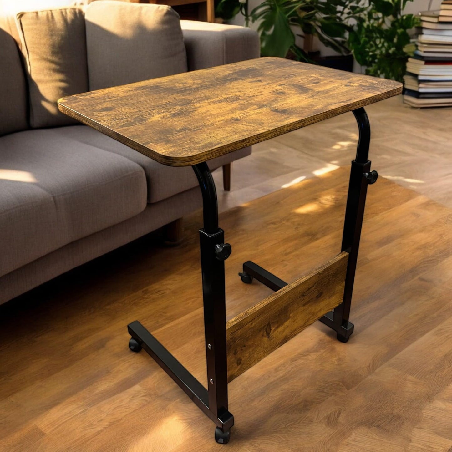 Tinymod Adjustable Mobile C-Shaped Table, 23.6-Inch Portable Laptop Desk with Wheels, Side Table for Bed, Couch, or Office, Rustic Brown