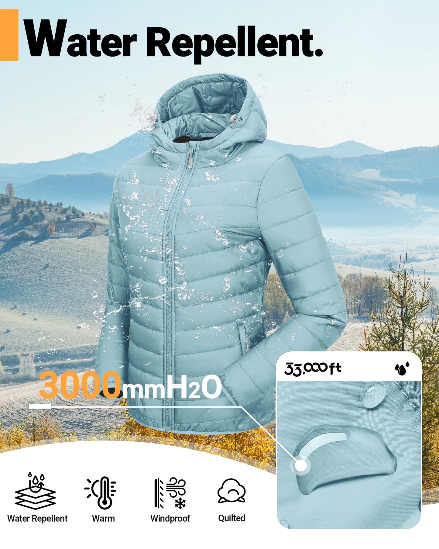 33,000ft Women's Hooded Packable Puffer Jacket Lightweight Warm Puffy Quilted Winter Coat
