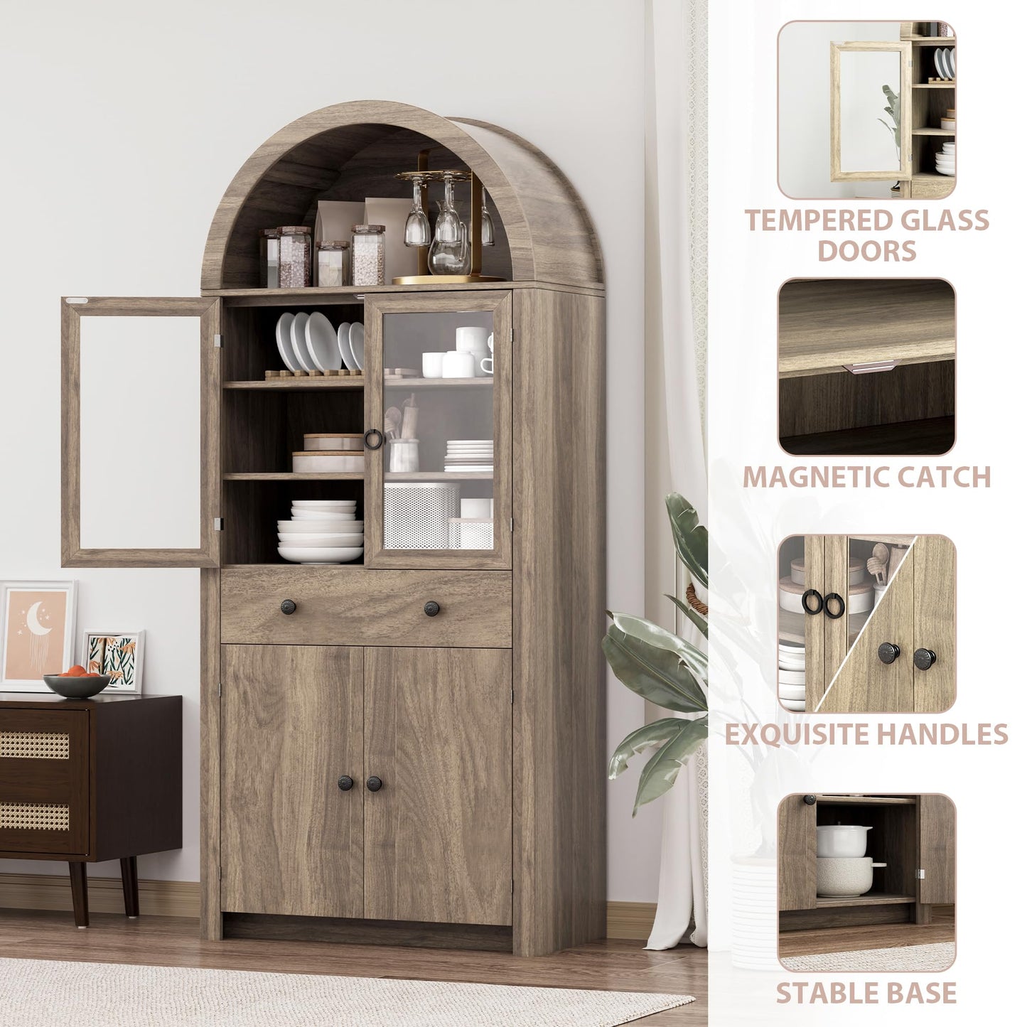 VAXZOFI Arched Kitchen Pantry Cabinet, 71" Tall Wood Kitchens Storage Cabinets with Glass Door and Adjustable Shelves, Modern Farmhouse Versatile Cupboard for Kitchen, Dining Room, Bathroom