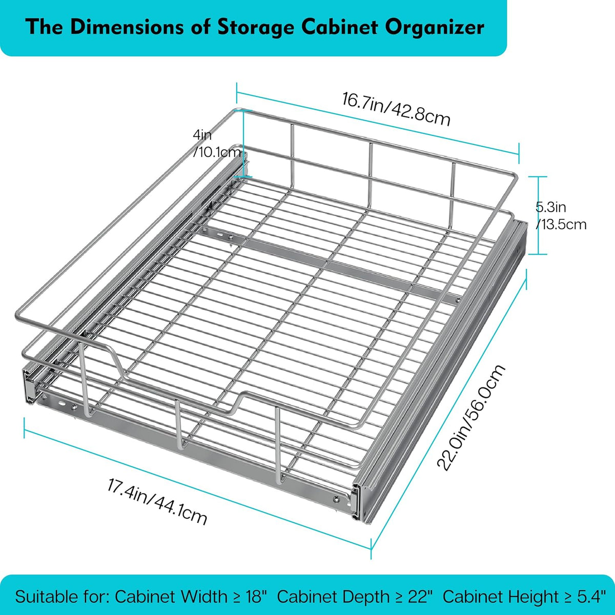 Pull Out Cabinet Organizer 17" W X 22" D, Slide Out Drawers For Kitchen Organizers and Storage, Pull Out Drawers For Cabinets Capacity Heavy Duty Caddy, Cabinet Shelves Chrome-Plated, Bathroom Pantry