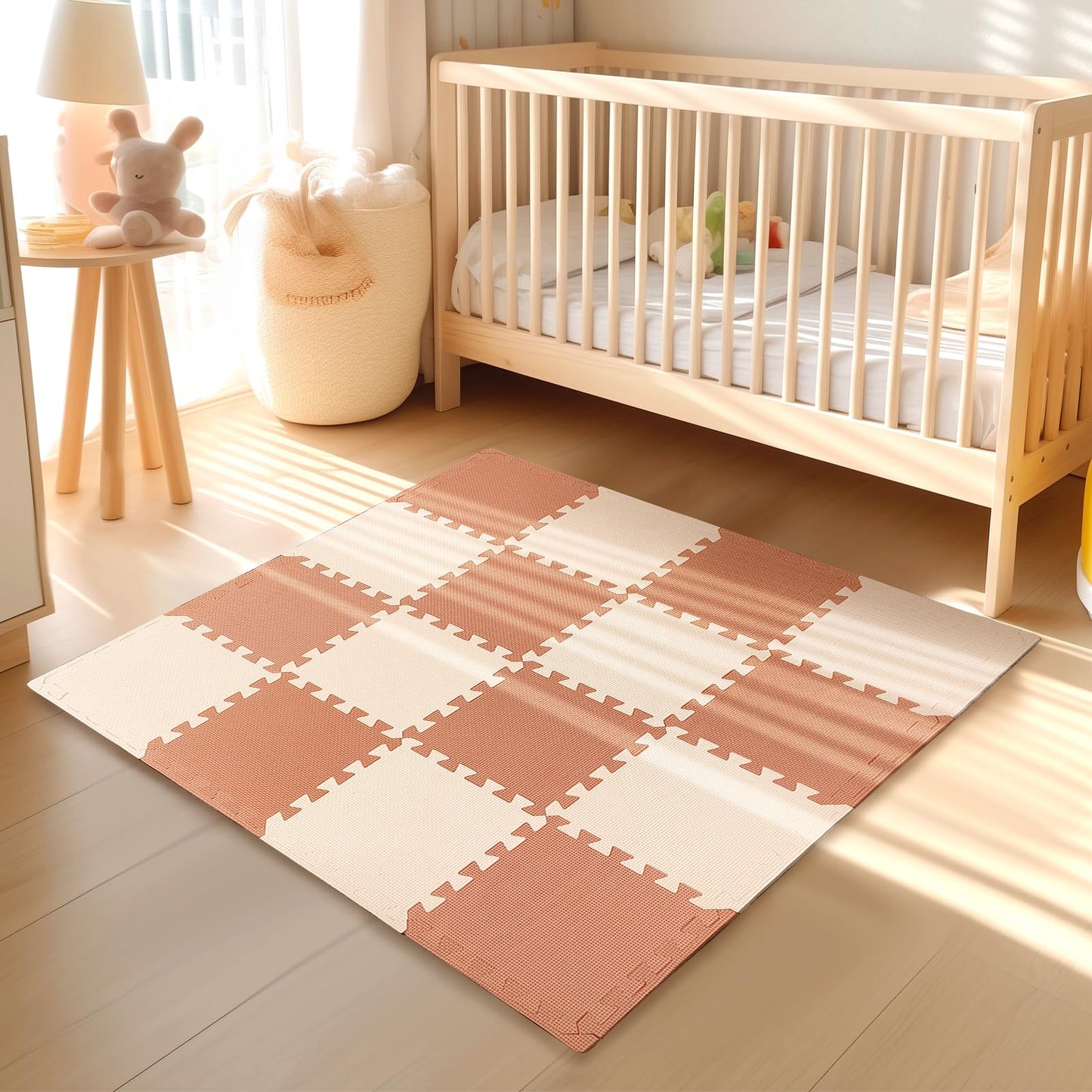 TCBunny Kids Soft EVA Foam Jigsaw Puzzle Play Mat, 18 Interlocking Tiles and Edges Baby Play Mat, for Kids Gym, Nursery, Playroom, Pet Mat, Total Floor Coverage 16 Sq Ft, Pink/Peach
